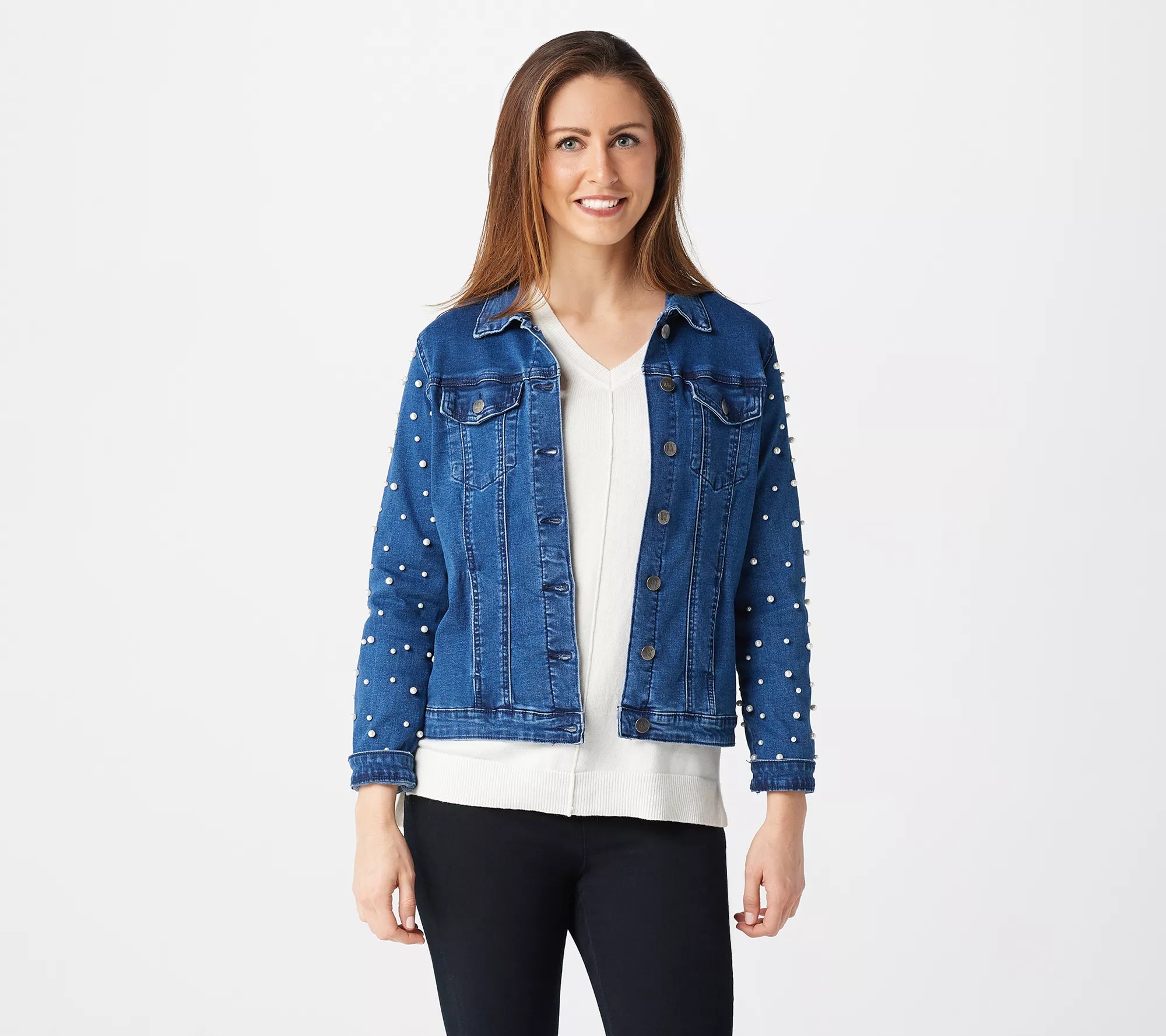 Women with Control My Wonder Denim Jean Jacket w/ Pearl Sleeves