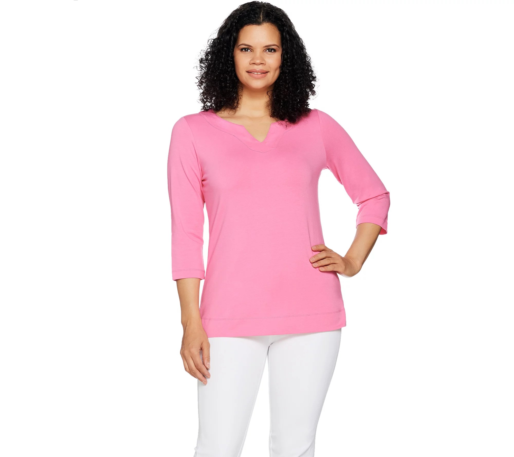 "As Is" Denim & Co. Essentials 3/4 Sleeve Split VNeck Top