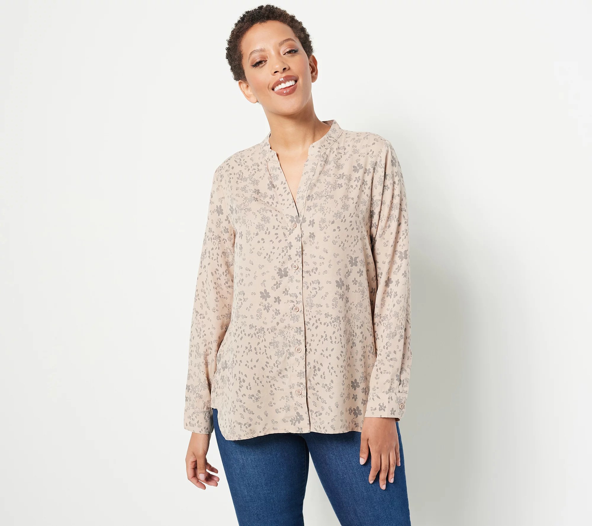 Side Stitch ButtonFront Shirt with Mandarin Collar