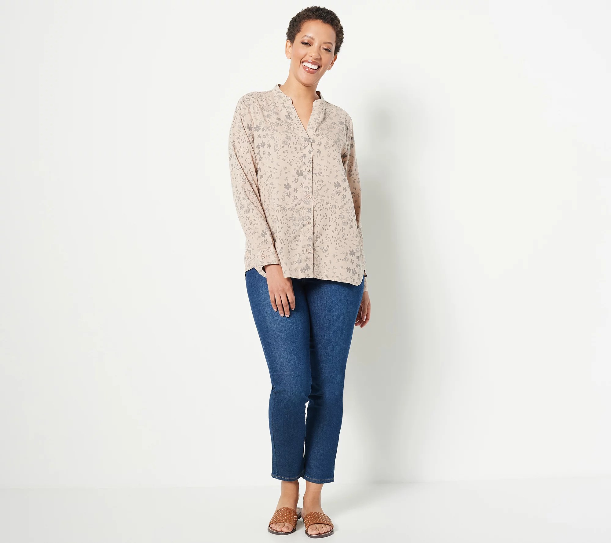 Side Stitch ButtonFront Shirt with Mandarin Collar