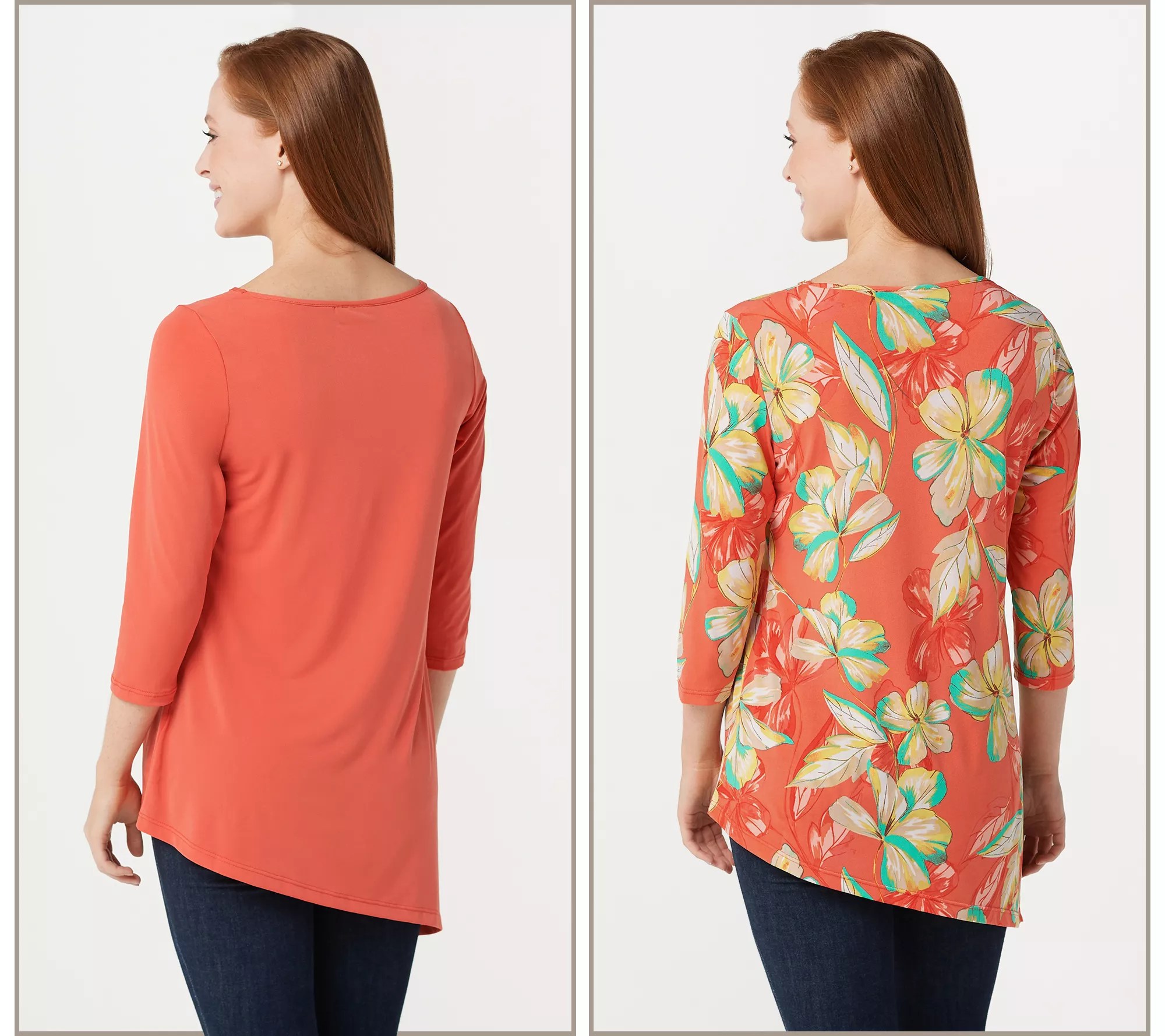 "As Is" Susan Graver Print & Solid Set of 2 Liquid Knit Tops