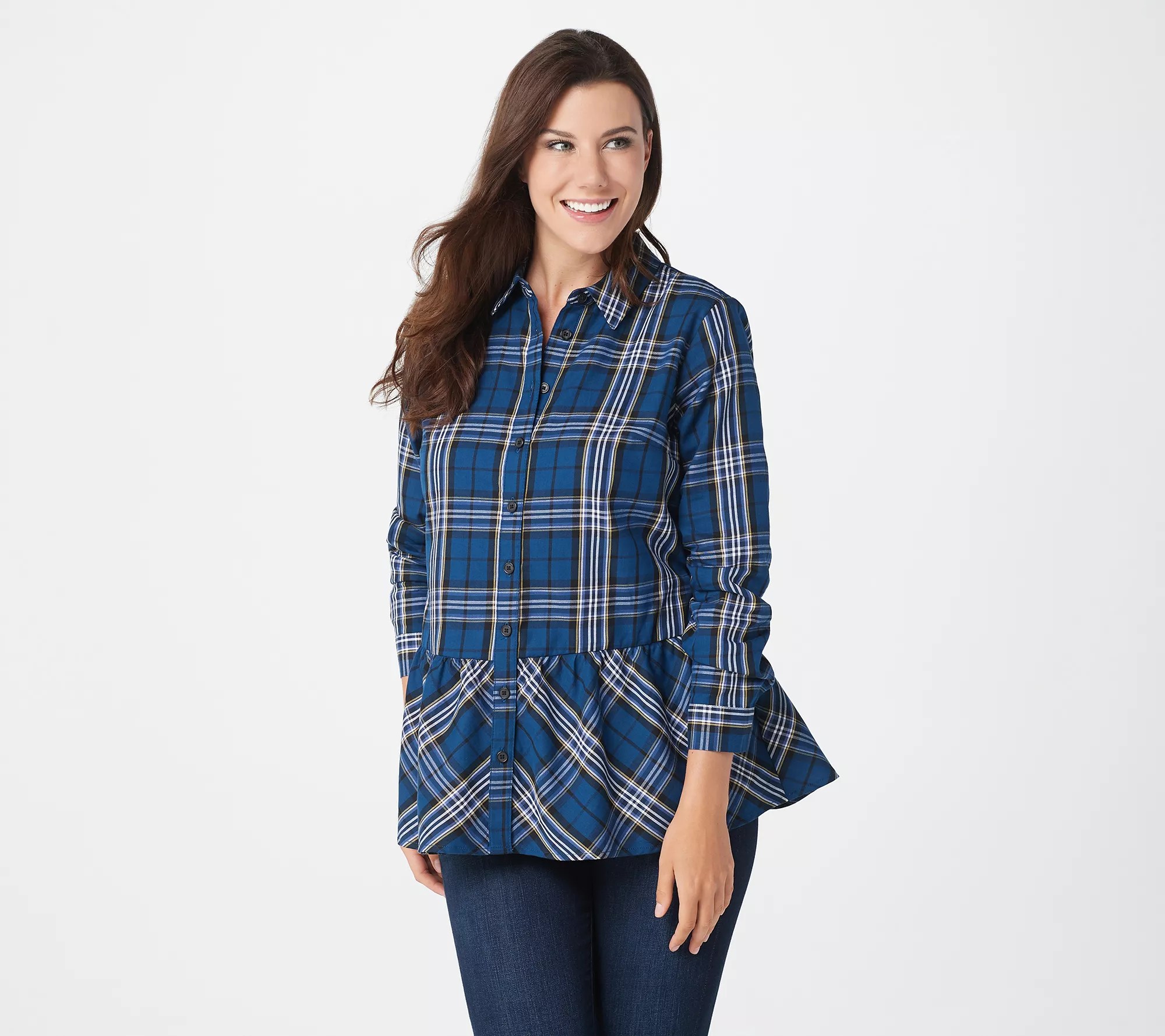 Joan Rivers Plaid Shirt with Gathered Ruffle Hem