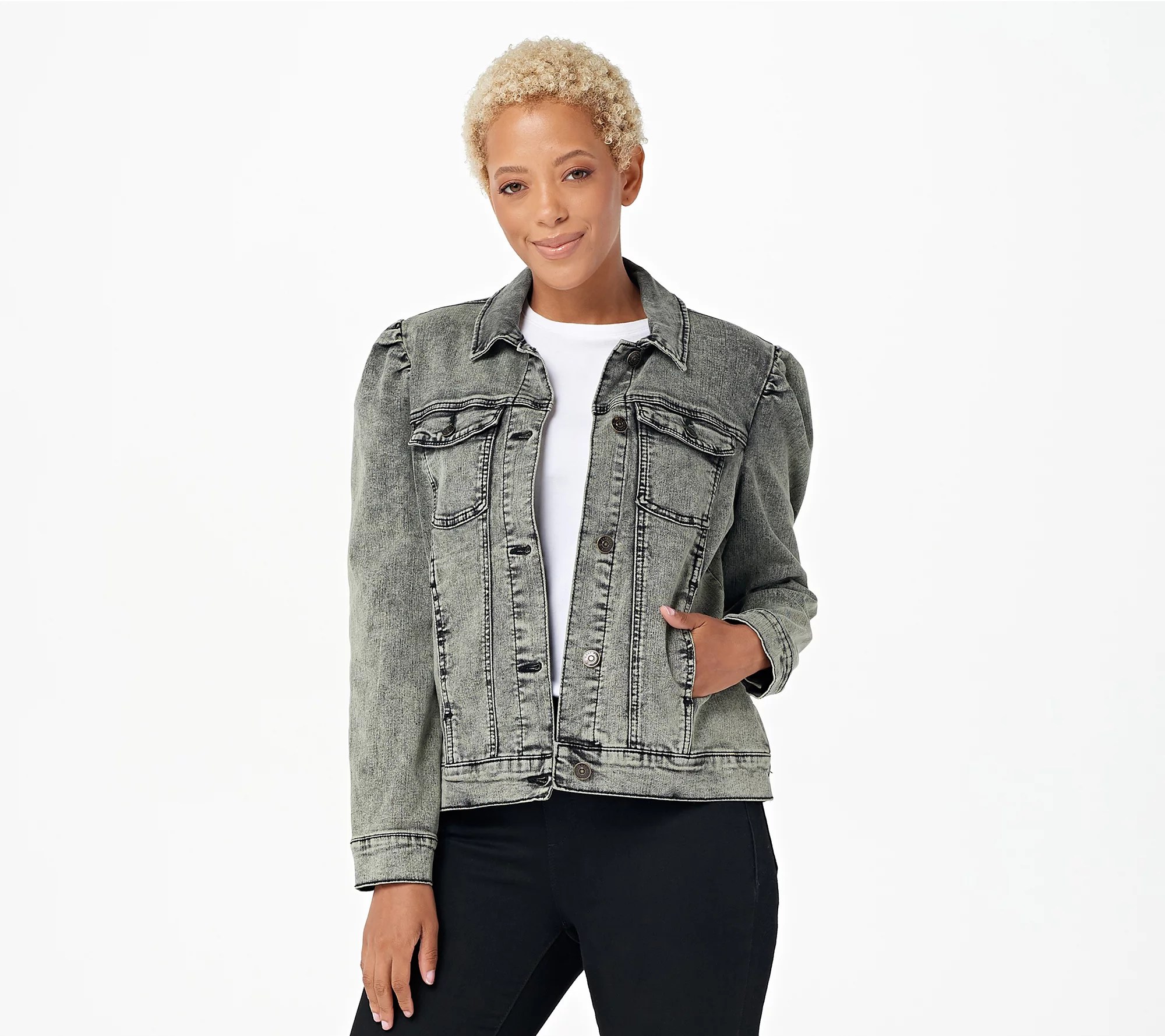 LOGO by Lori Goldstein Puff Sleeve Acid Wash Denim Jacket