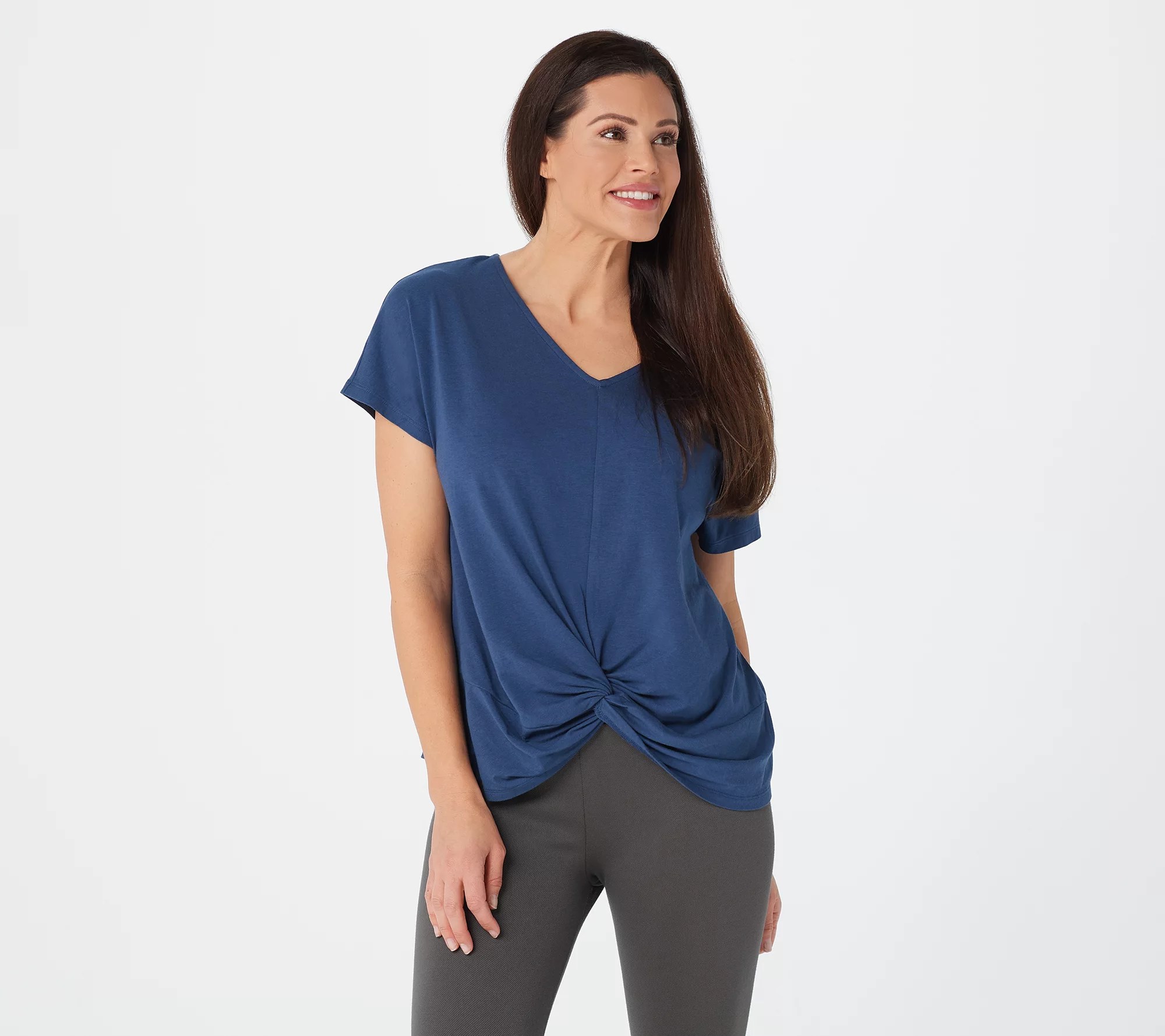 AnyBody Knitted Jersey VNeck Short Sleeve Twist Front Tee