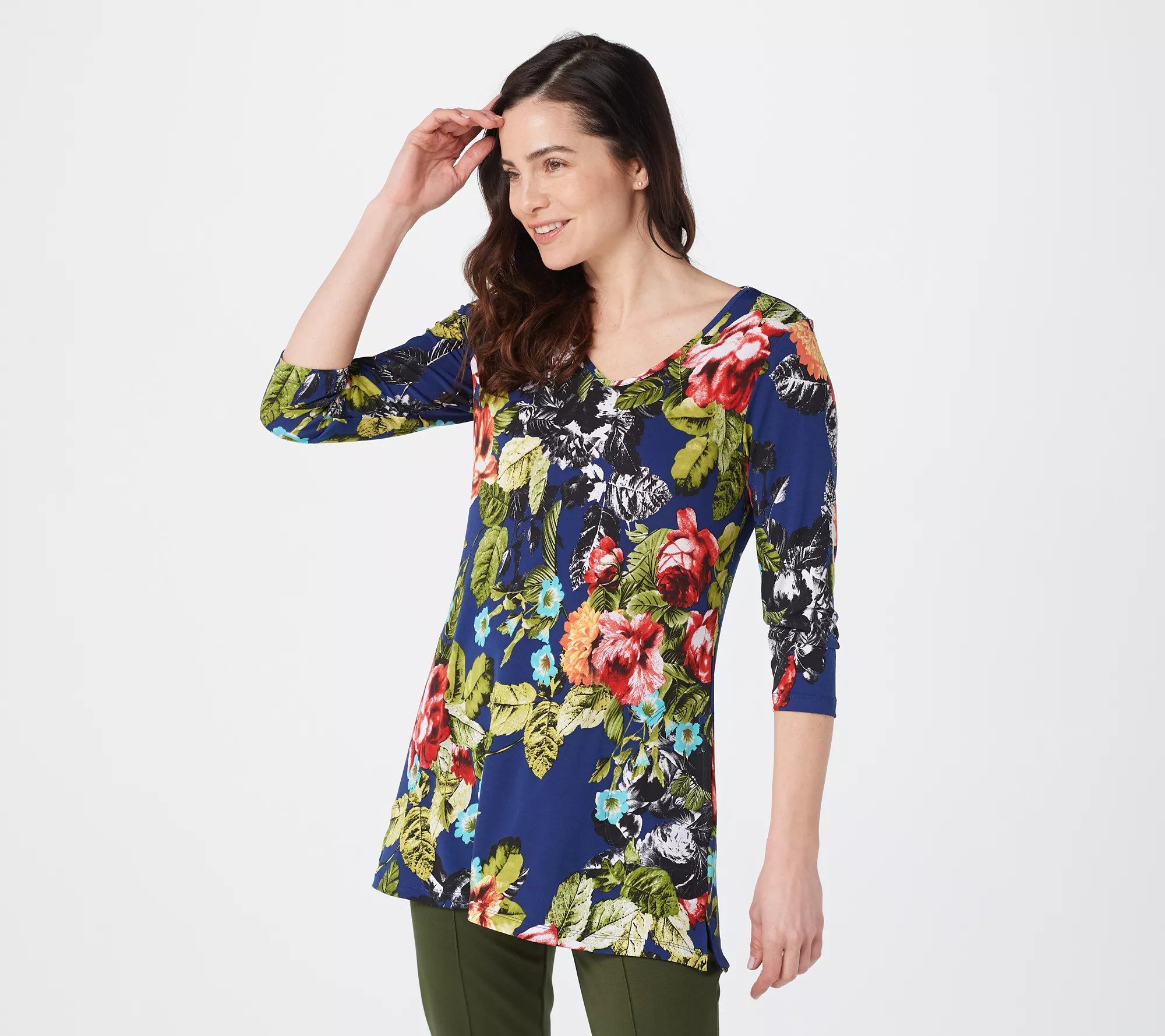 Attitudes by Renee Printed VNeck Tunic with Pockets