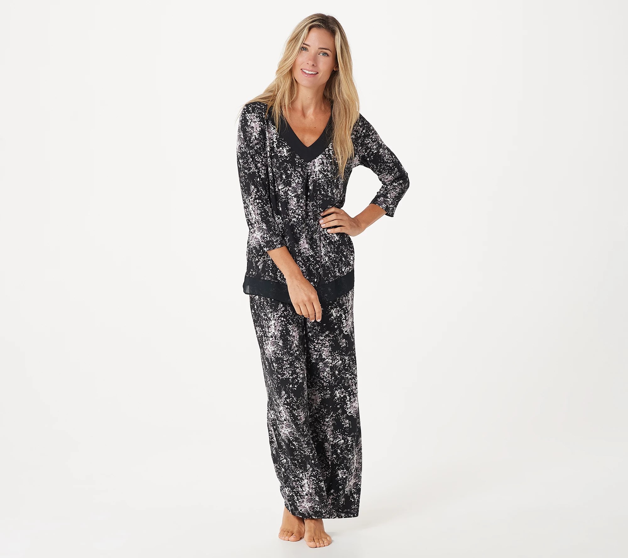 "As Is" Carole Hochman Petite Feather Jersey Pajama Set with Chiffon