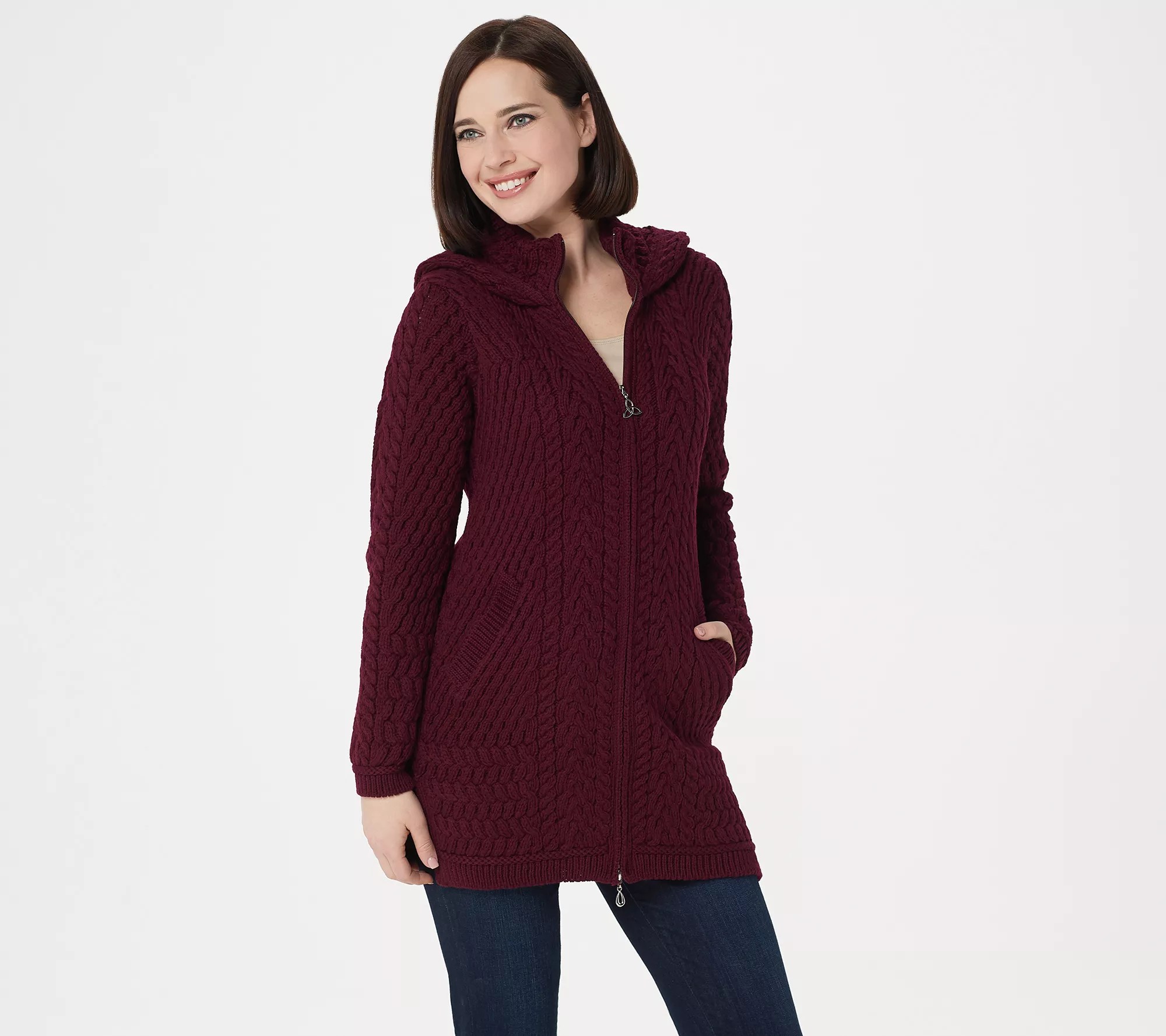 Aran Craft Merino Wool ZipFront Hooded Sweater Cardigan