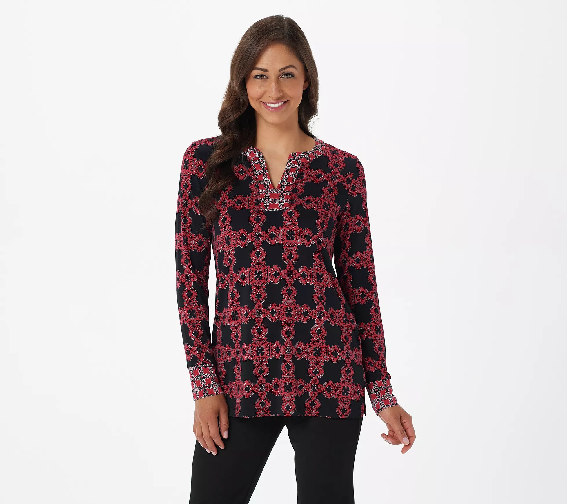 Susan Graver Printed Liquid Knit SplitNeck Tunic