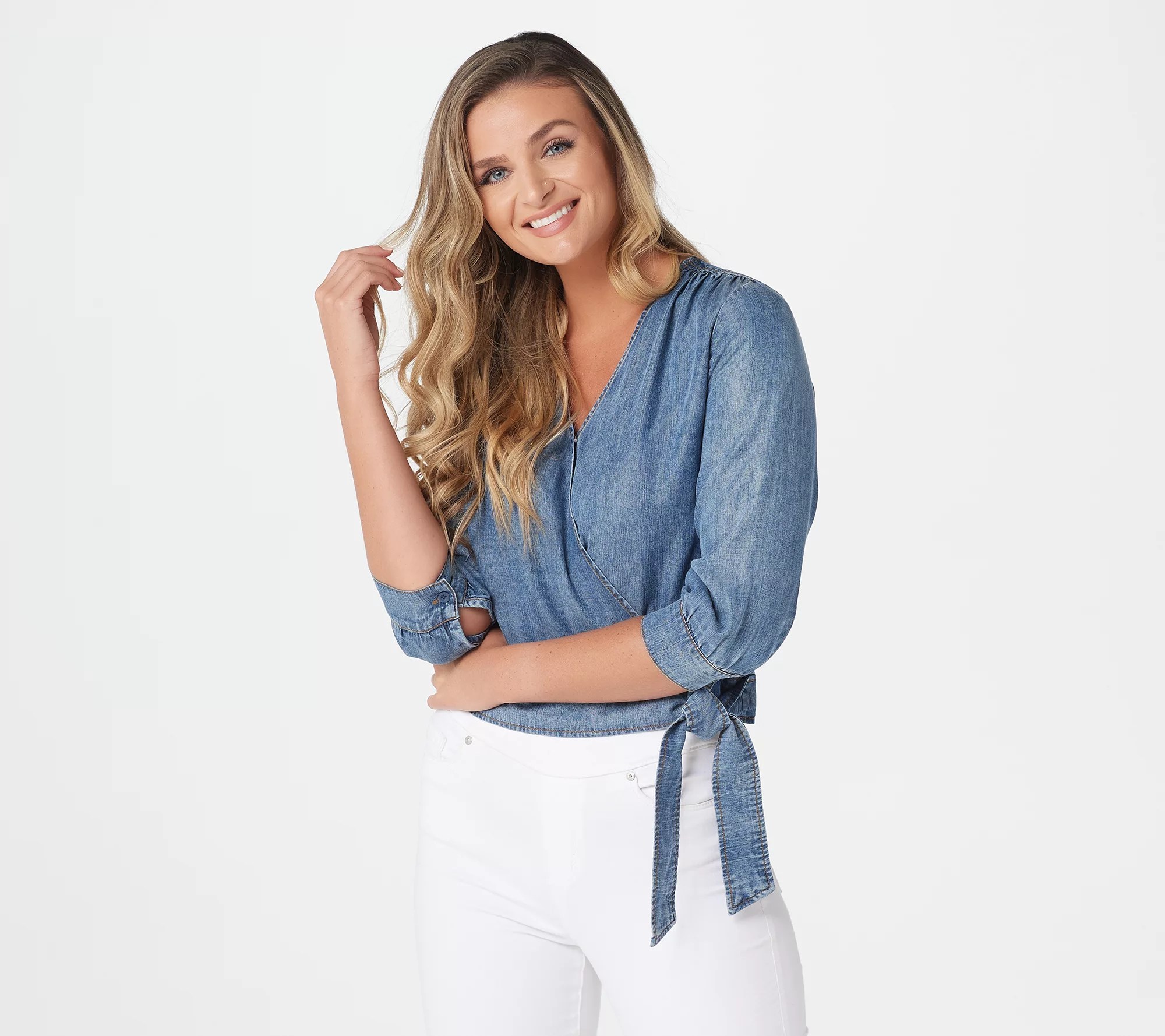 Side Stitch 3/4Sleeve Cropped Wrap Top