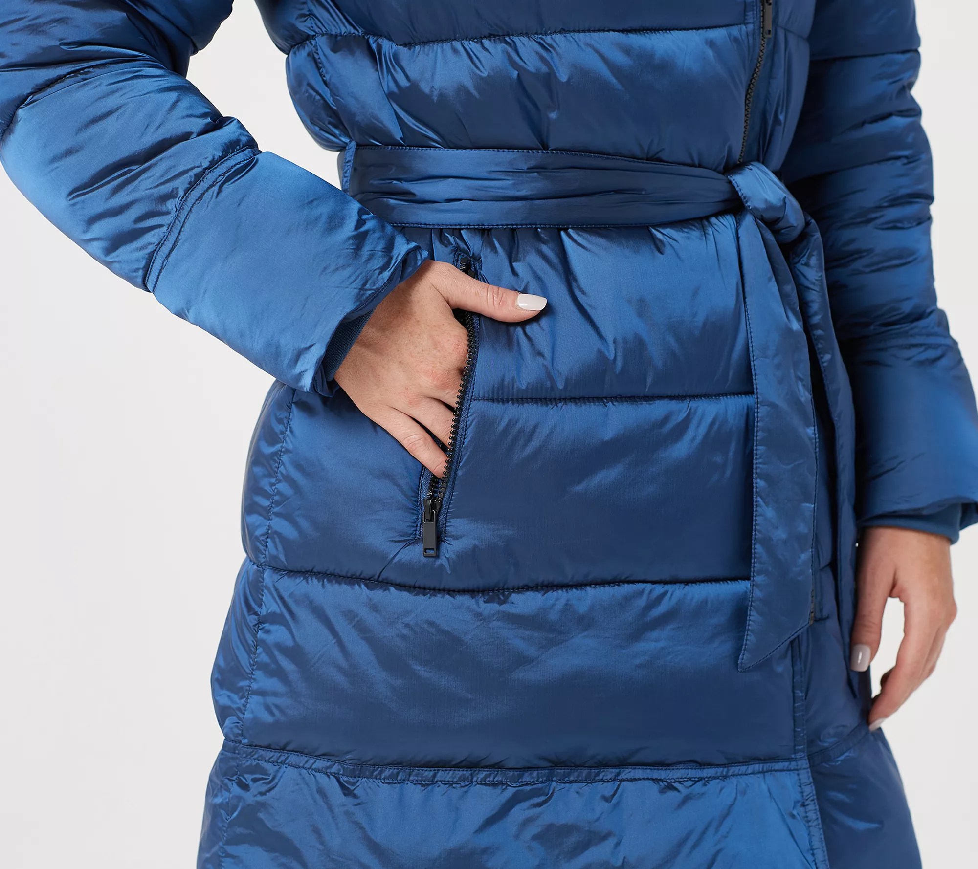 Centigrade Printed or Solid Puffer w/ Asymmetric Zip and Belt
