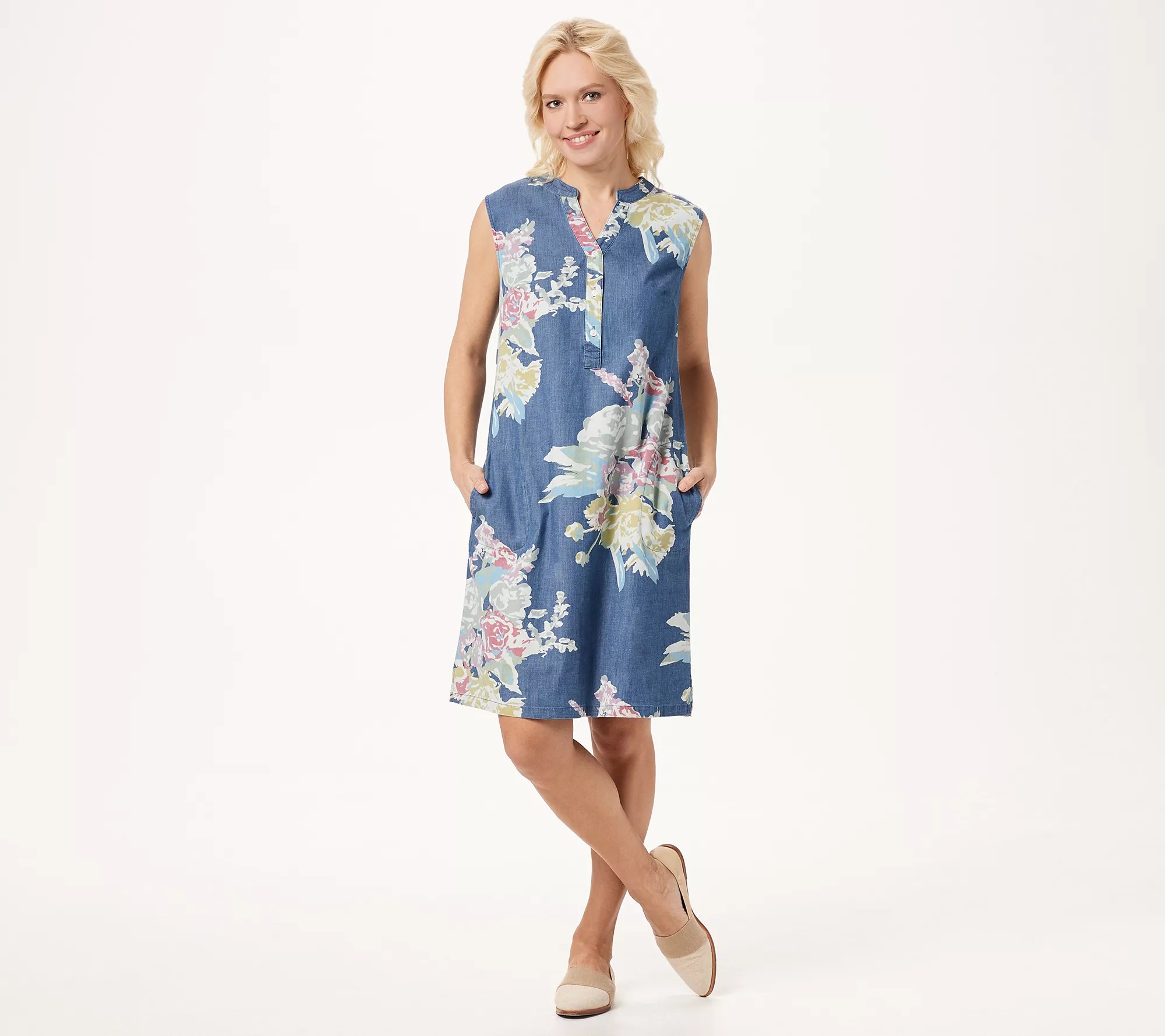 Denim & Co. Stretch Denim Floral Print ALine Dress