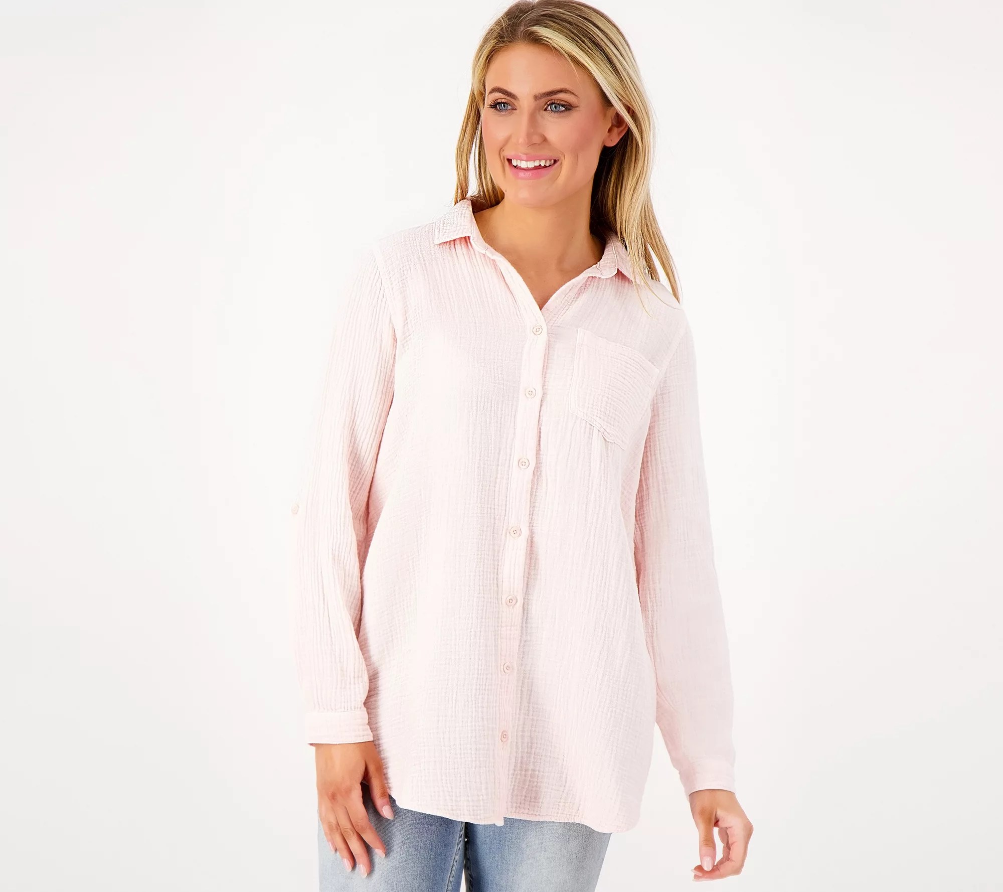 Side Stitch Long Sleeve Curved Hem Button Down Top