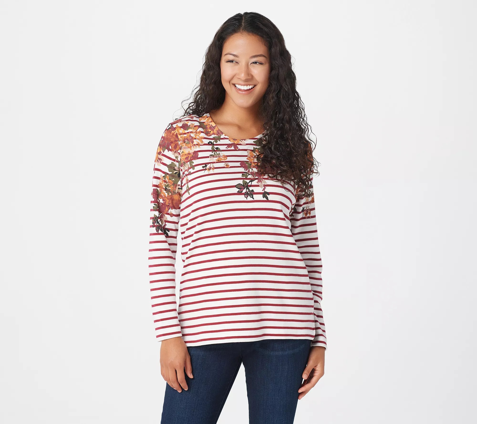 "As Is" Quacker Factory Printed Floral and Stripe Long Sleeve Top