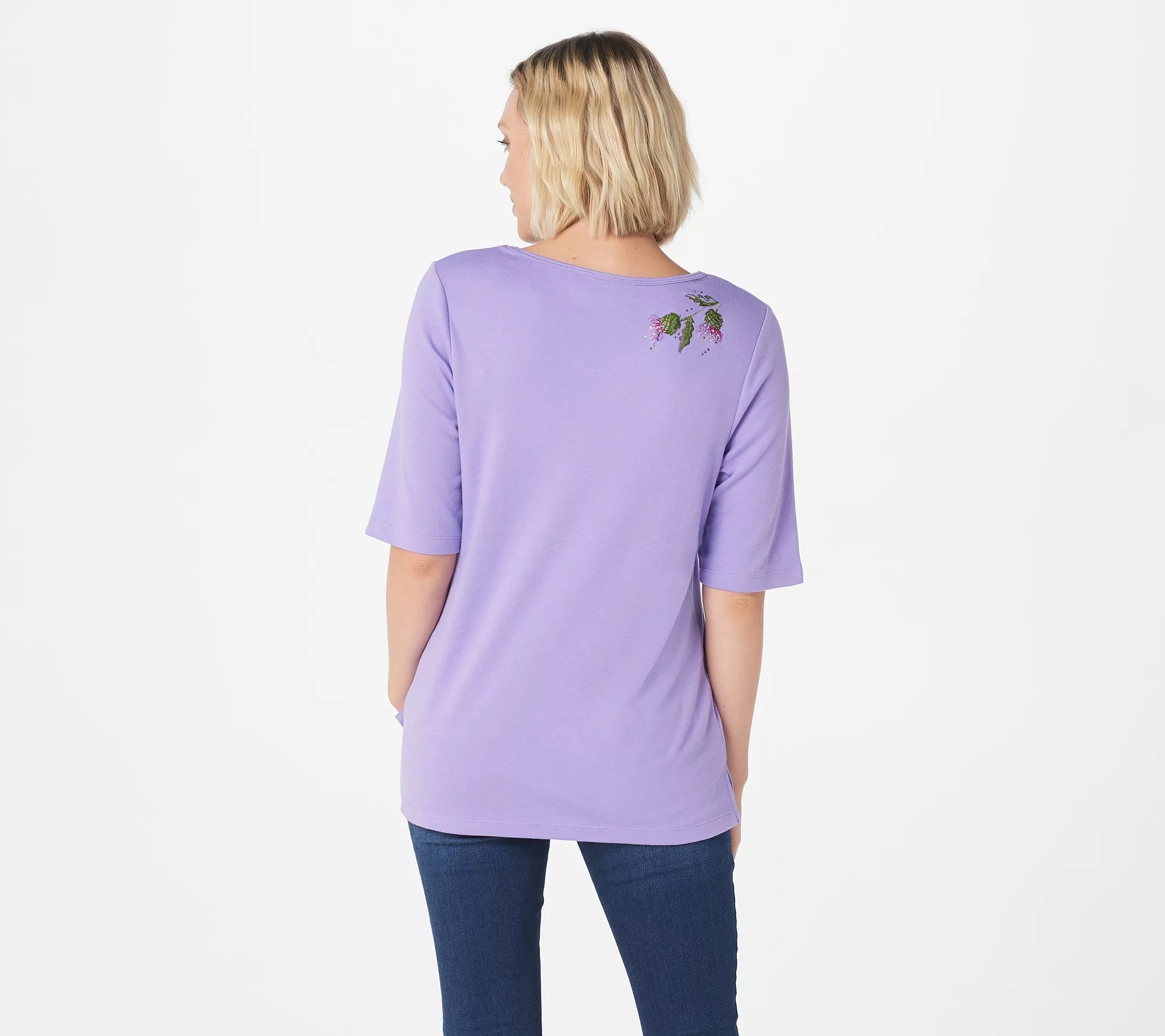 Quacker Factory Floral Embroidered ElbowSleeve VNeck Top