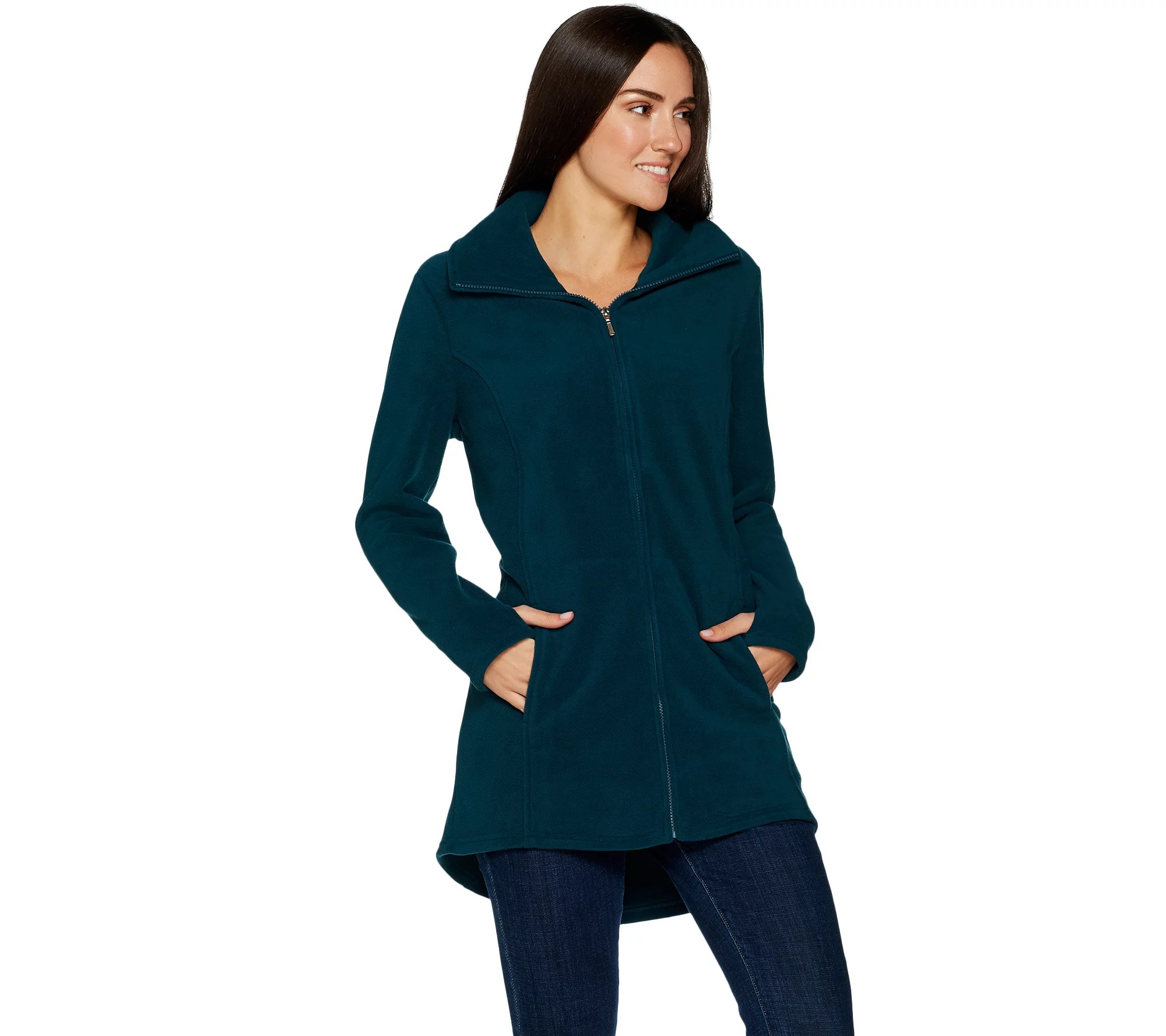 "As Is" Denim & Co. Fleece Zip Front Long Sleeve Jacket with HiLow Hem