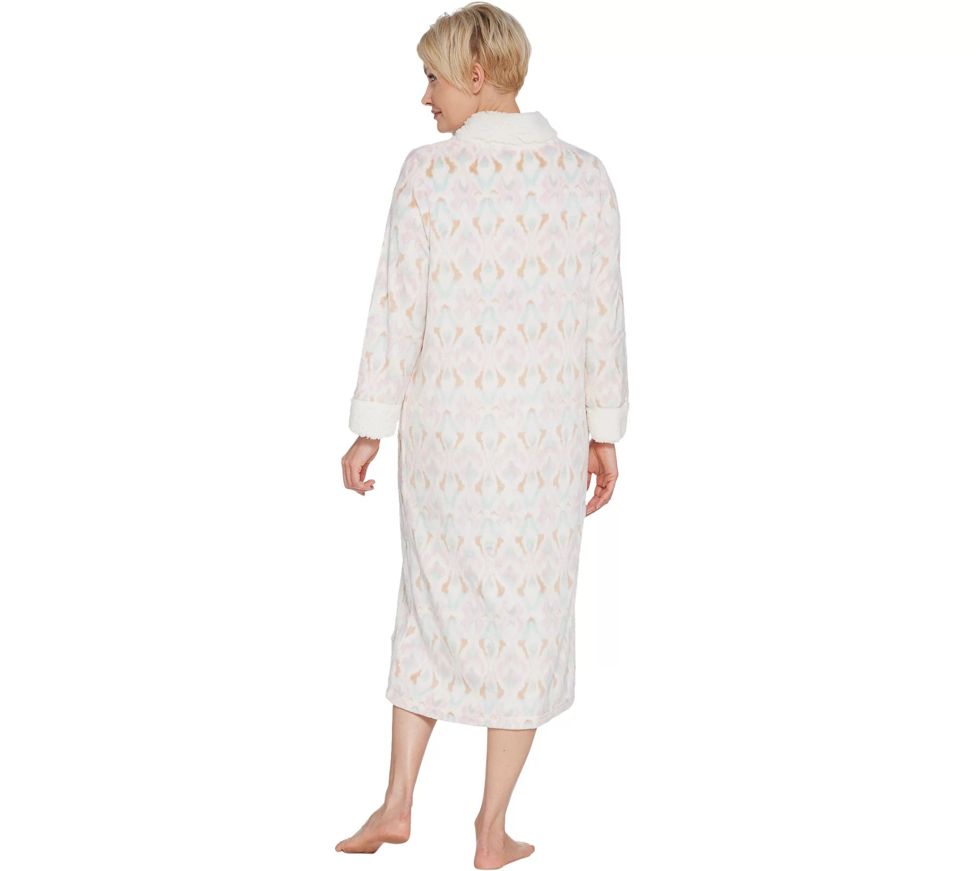 Stan Herman Petite Printed Silky Plush Robe with Sherpa Trim
