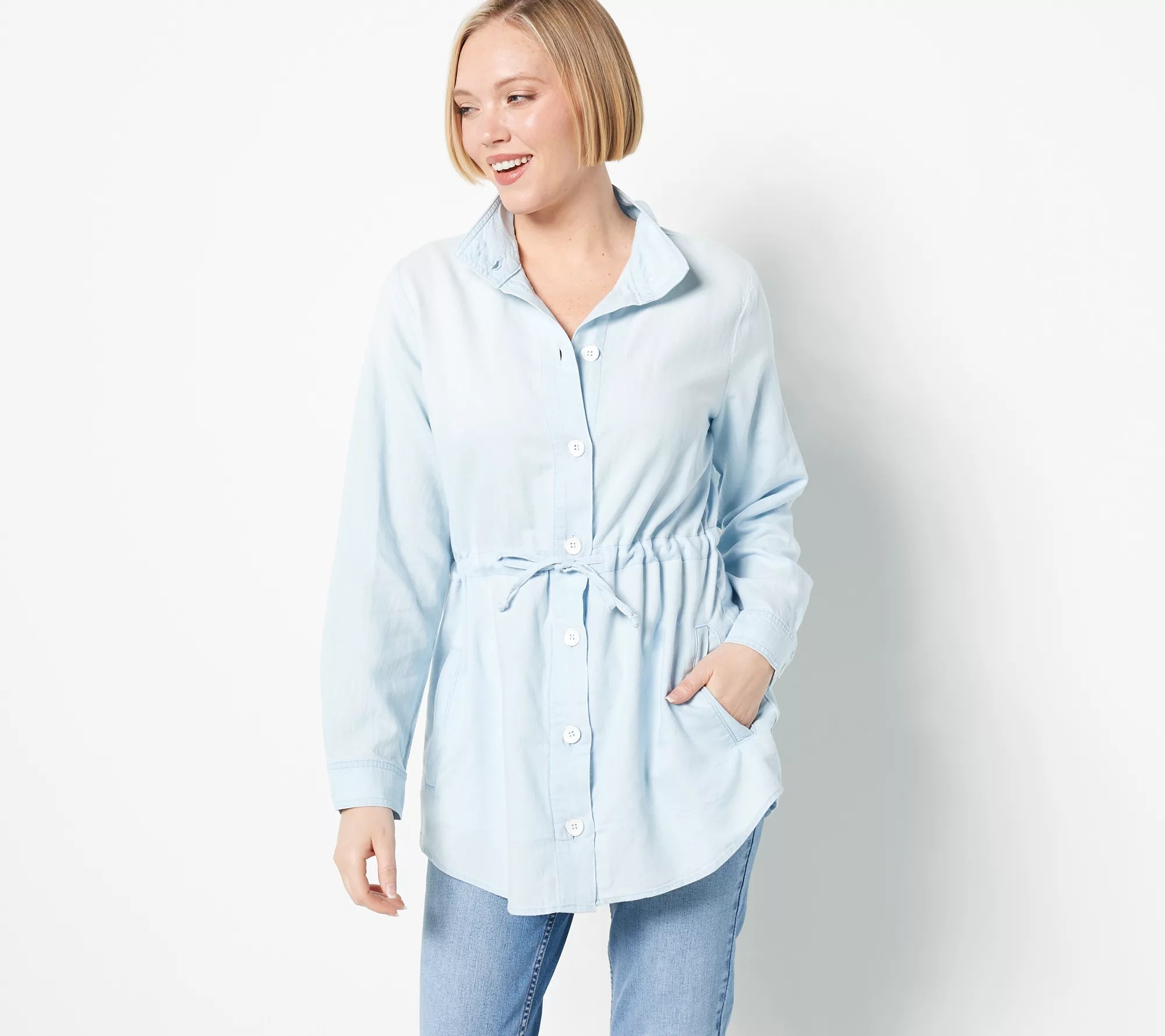 Side Stitch Luxe Denim Twill Drawcord Shacket