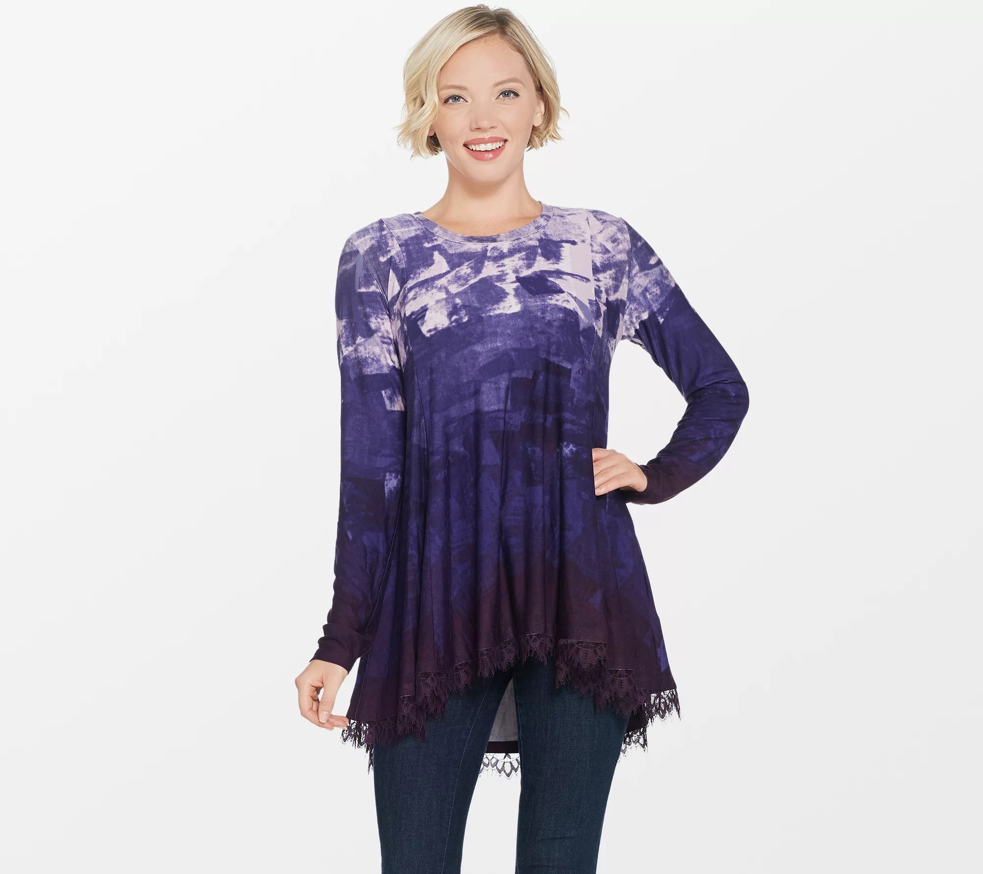 LOGO by Lori Goldstein Printed Swing Top with Lace at Hem