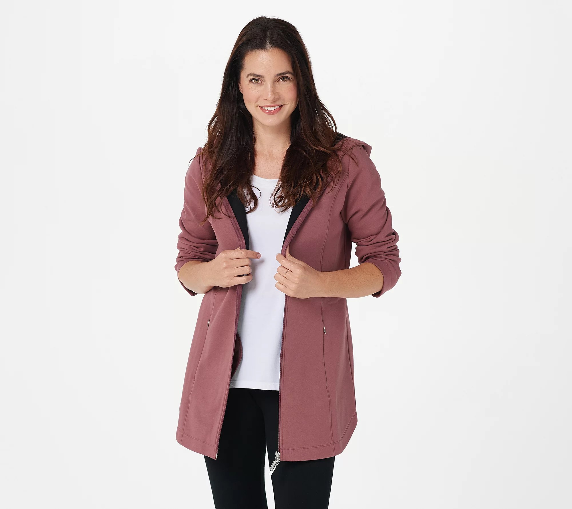 Denim & Co. Active Petite FleeceBack Jersey Zip Front Jacket