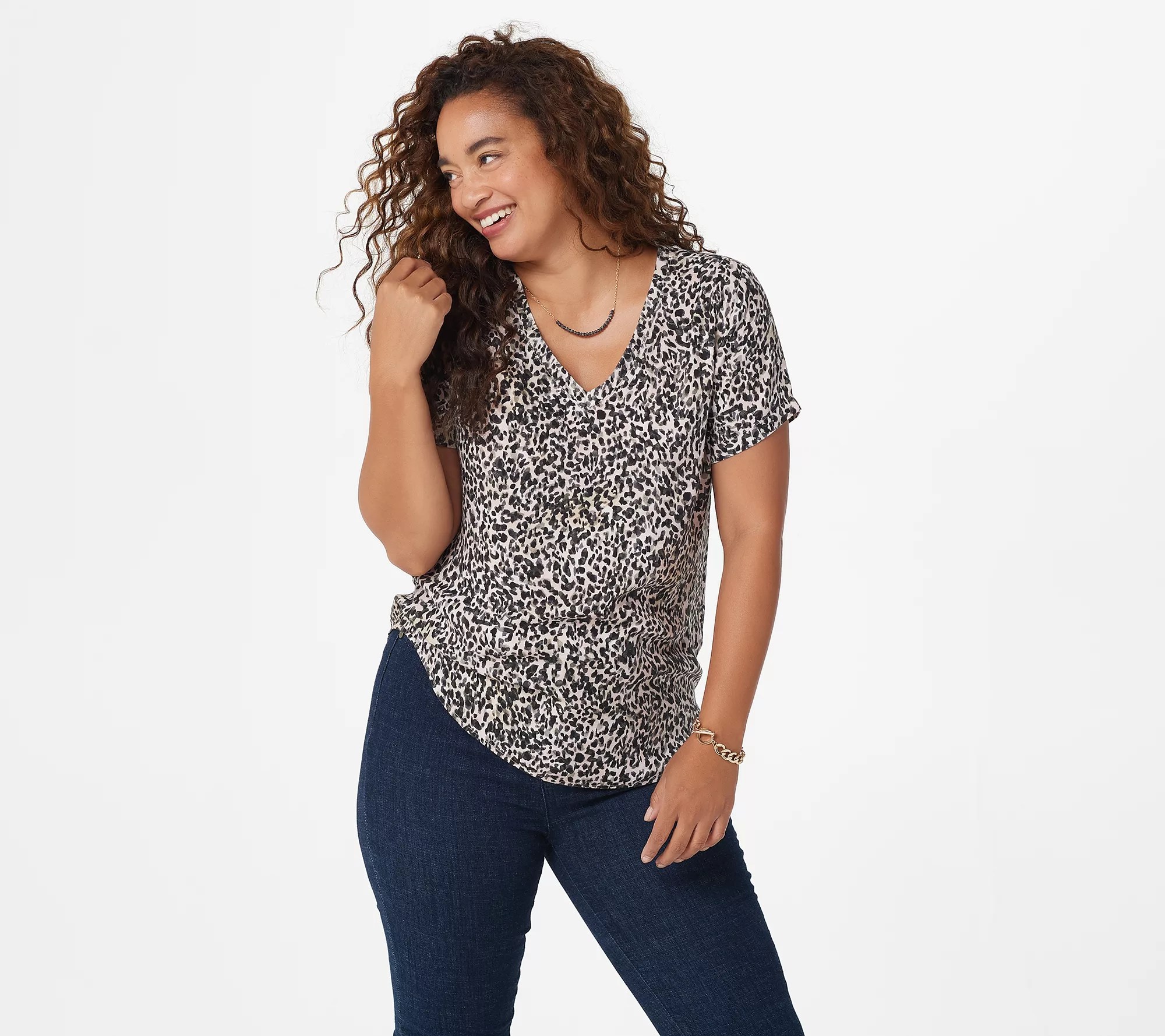 Side Stitch Printed VNeck Woven TShirt