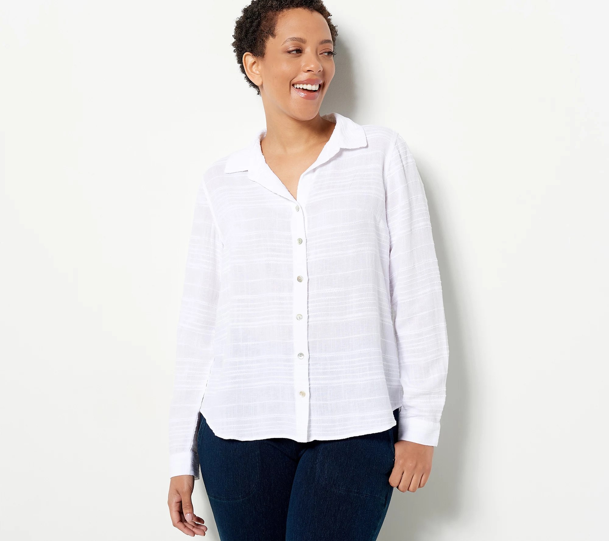 Side Stitch Regular SoftTextured Slub Stripe ButtonDown Top