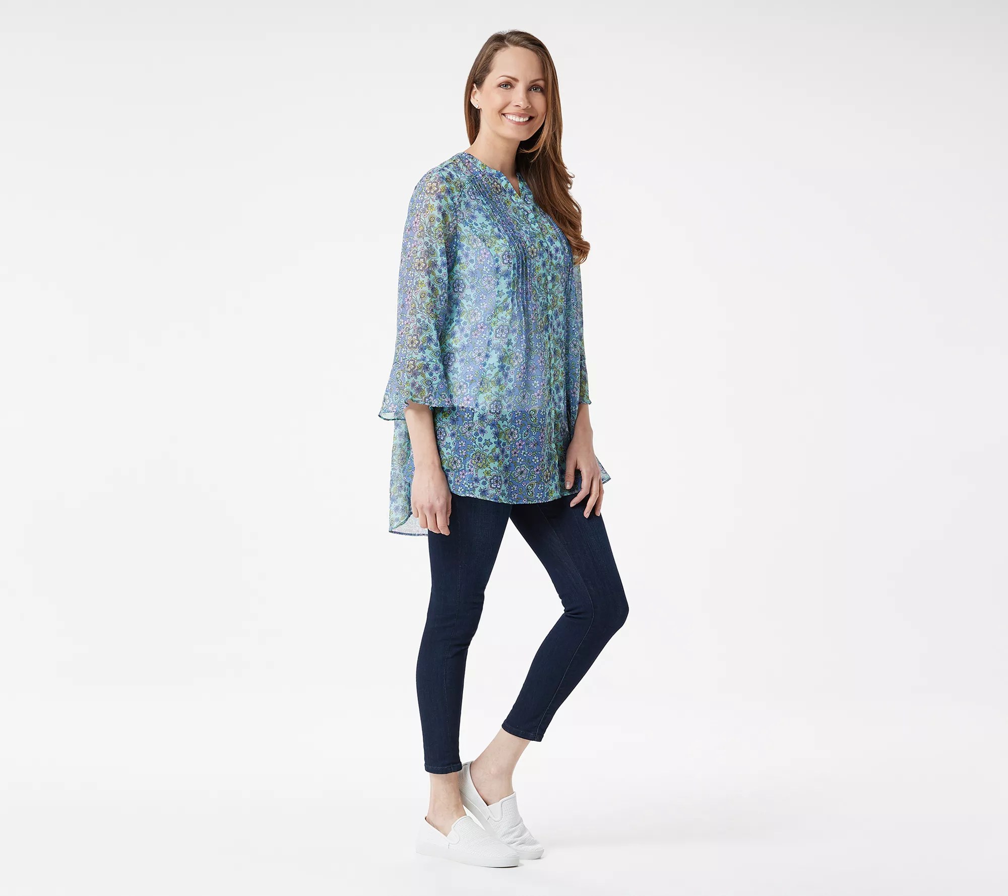 Isaac Mizrahi Live! Floral Print ButtonFront Chiffon Tunic