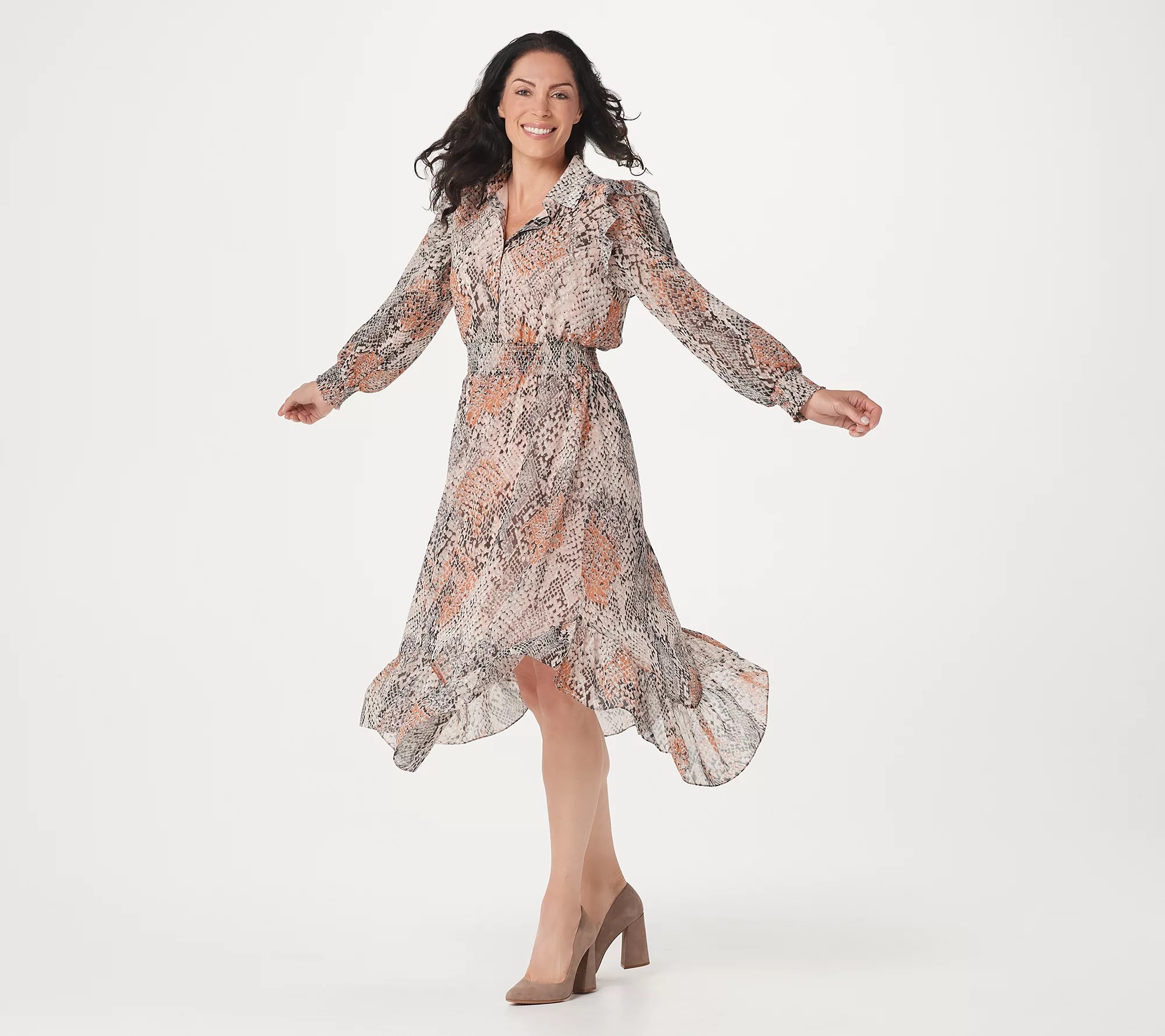 G.I.L.I. Solid or Print Asymmetric Hem Woven Dress w/ Smocking Detail