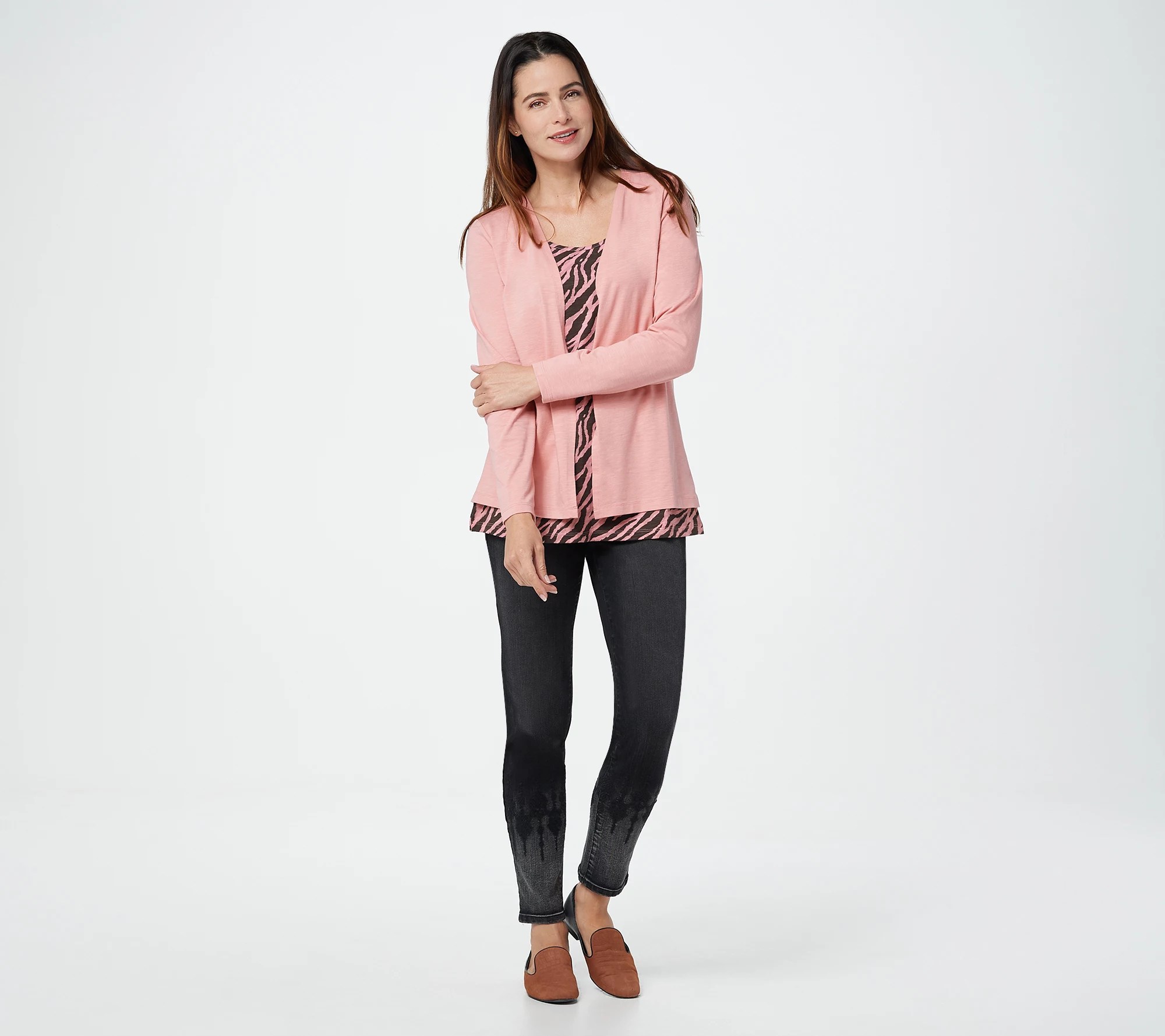 Denim & Co. Textured Knit Cardigan with Attached Printed Tank