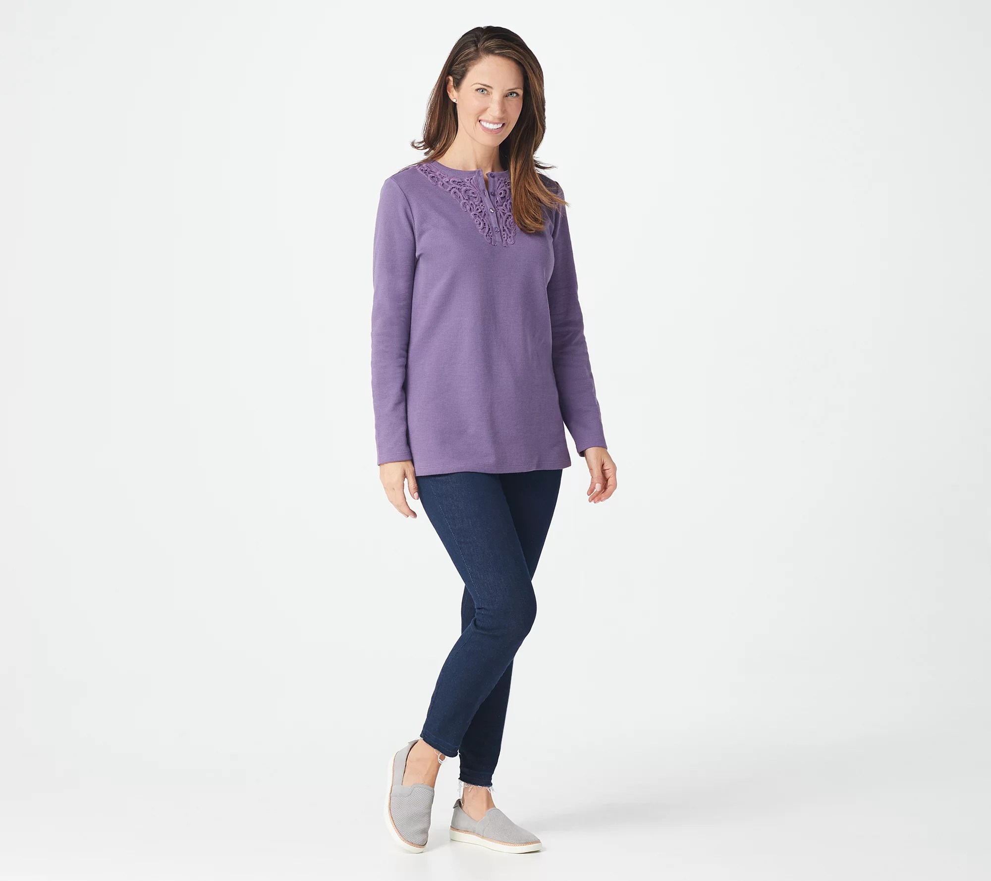 Denim & Co. Waffle Knit LongSleeve Top with Applique Trim