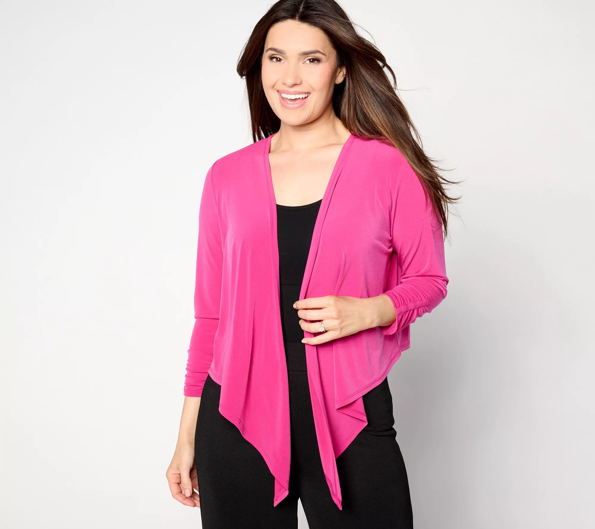 Susan Graver Liquid Knit Ruched 3/4Sleeve Open Front Shrug