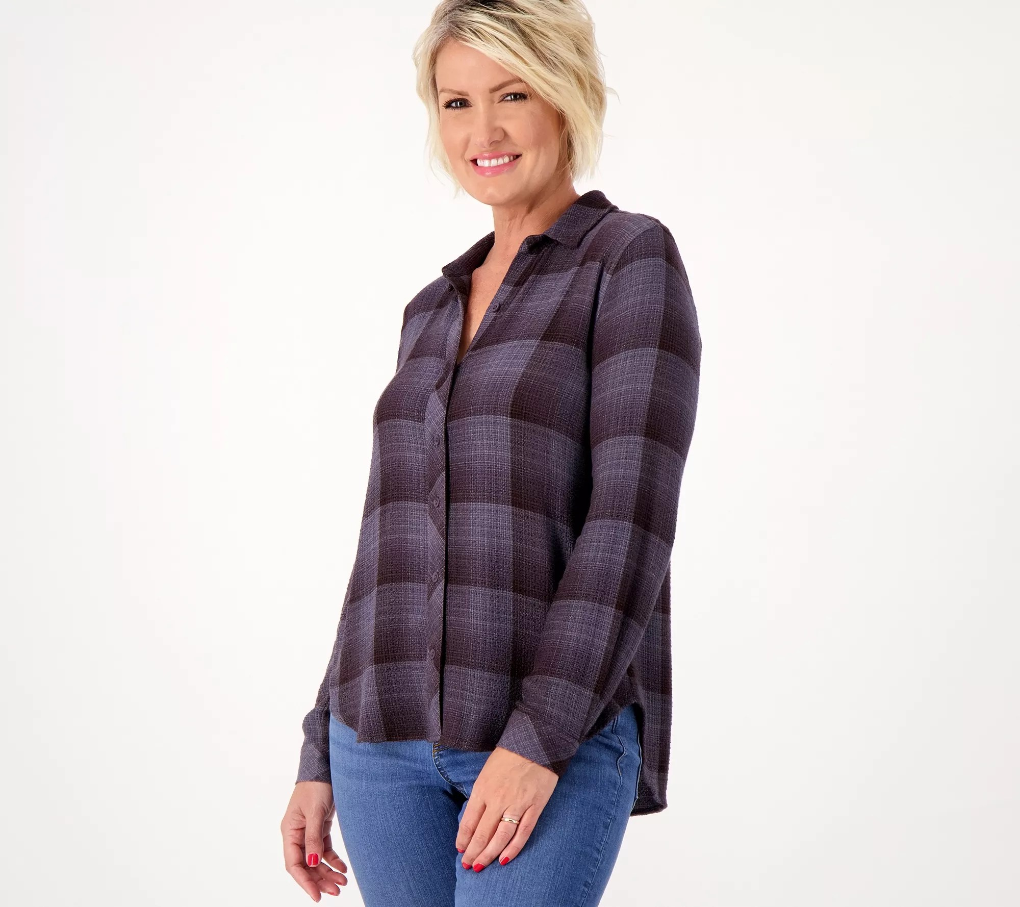 "As Is" Side Stitch Long Sleeve Plaid Button Down Top