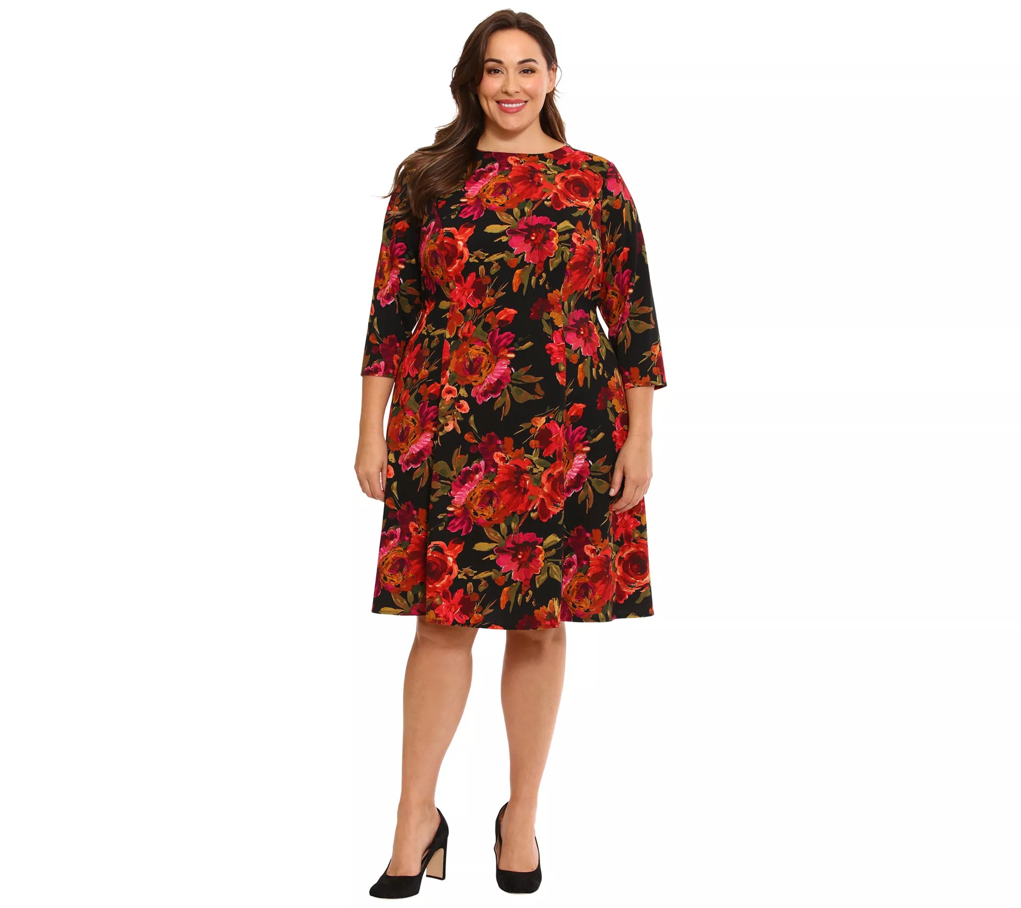London Times Jewel Neck Floral 3/4 Sleeve Fit &Flare Dress