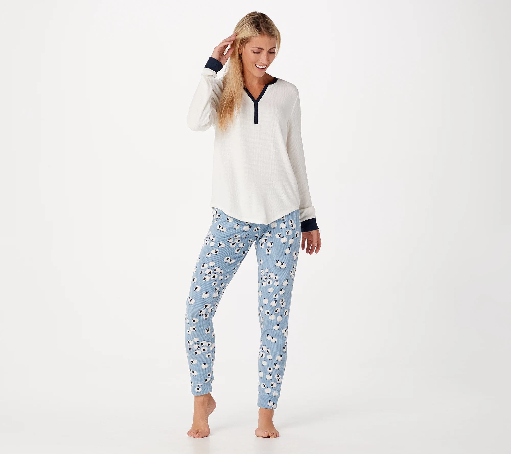 Cuddl Duds Grid Fleece Split Neck Jogger Pants Pajama Set