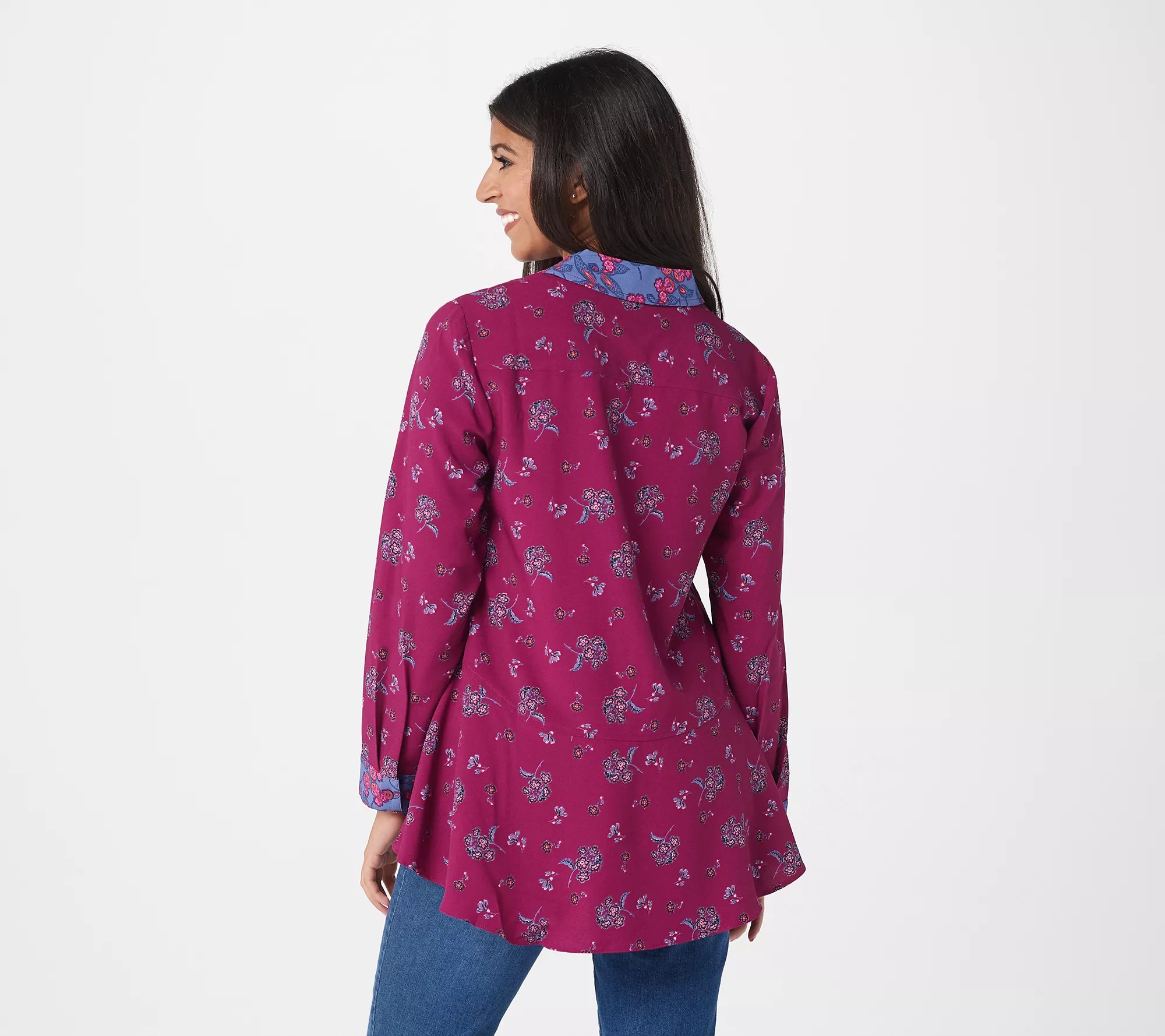 Isaac Mizrahi Live! Stretch Woven Floral Printed Button Front Blouse