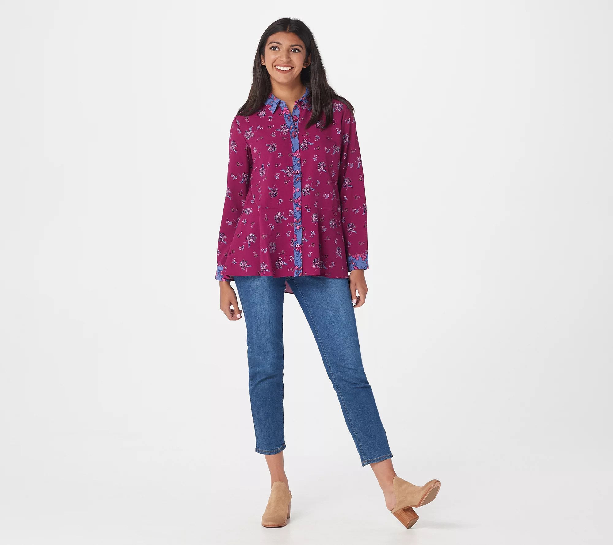 Isaac Mizrahi Live! Stretch Woven Floral Printed Button Front Blouse