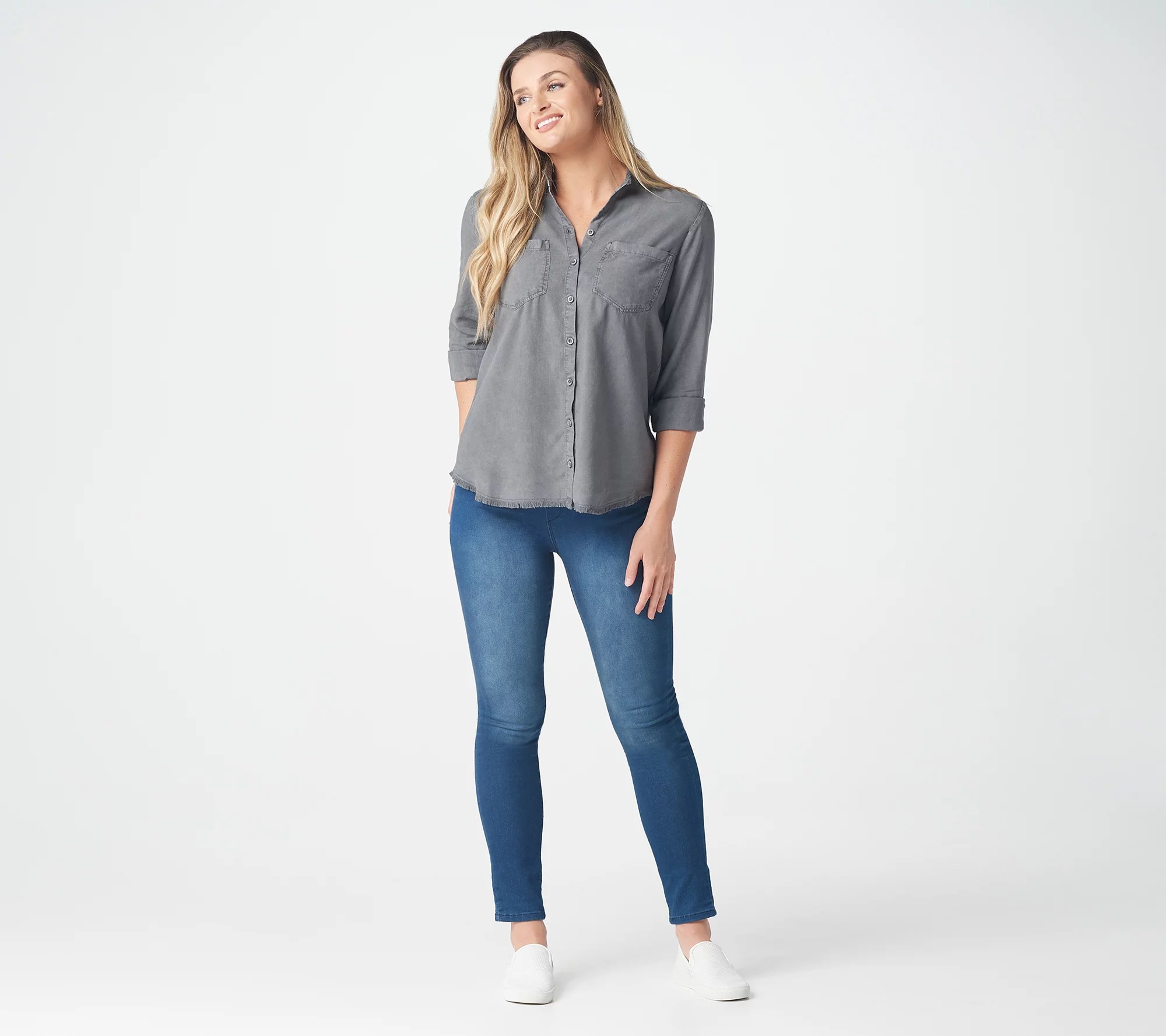 Side Stitch HiLow Hem Top with Frayed Hemline and Collar
