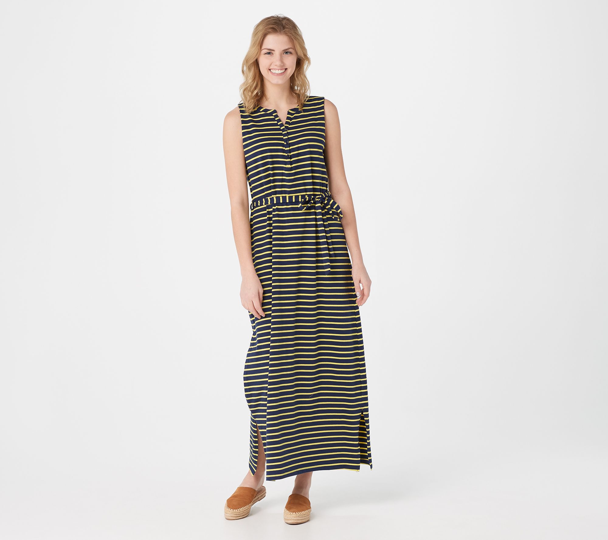 Denim & Co. Petite Striped Perfect Jersey Henley Maxi Dress
