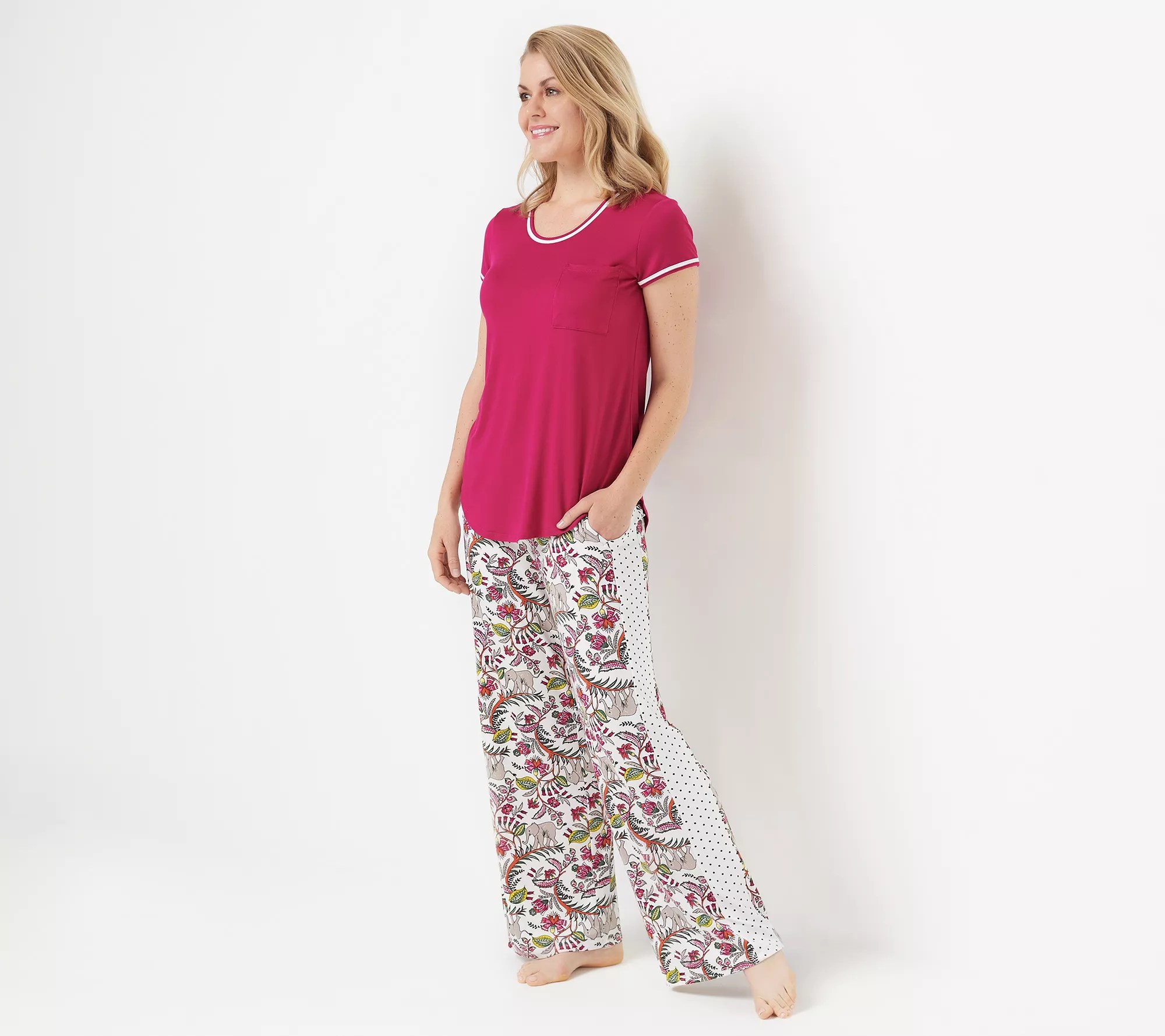 (QVC) Cuddl Duds Cool & Airy Jersey Color Block Print Pajama Set