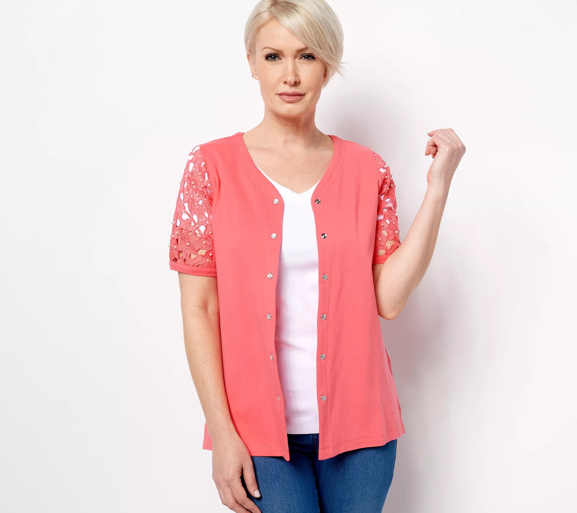 Quacker Factory Floral Pearl & Lace Snap Front Elbow Sleeve Cardigan