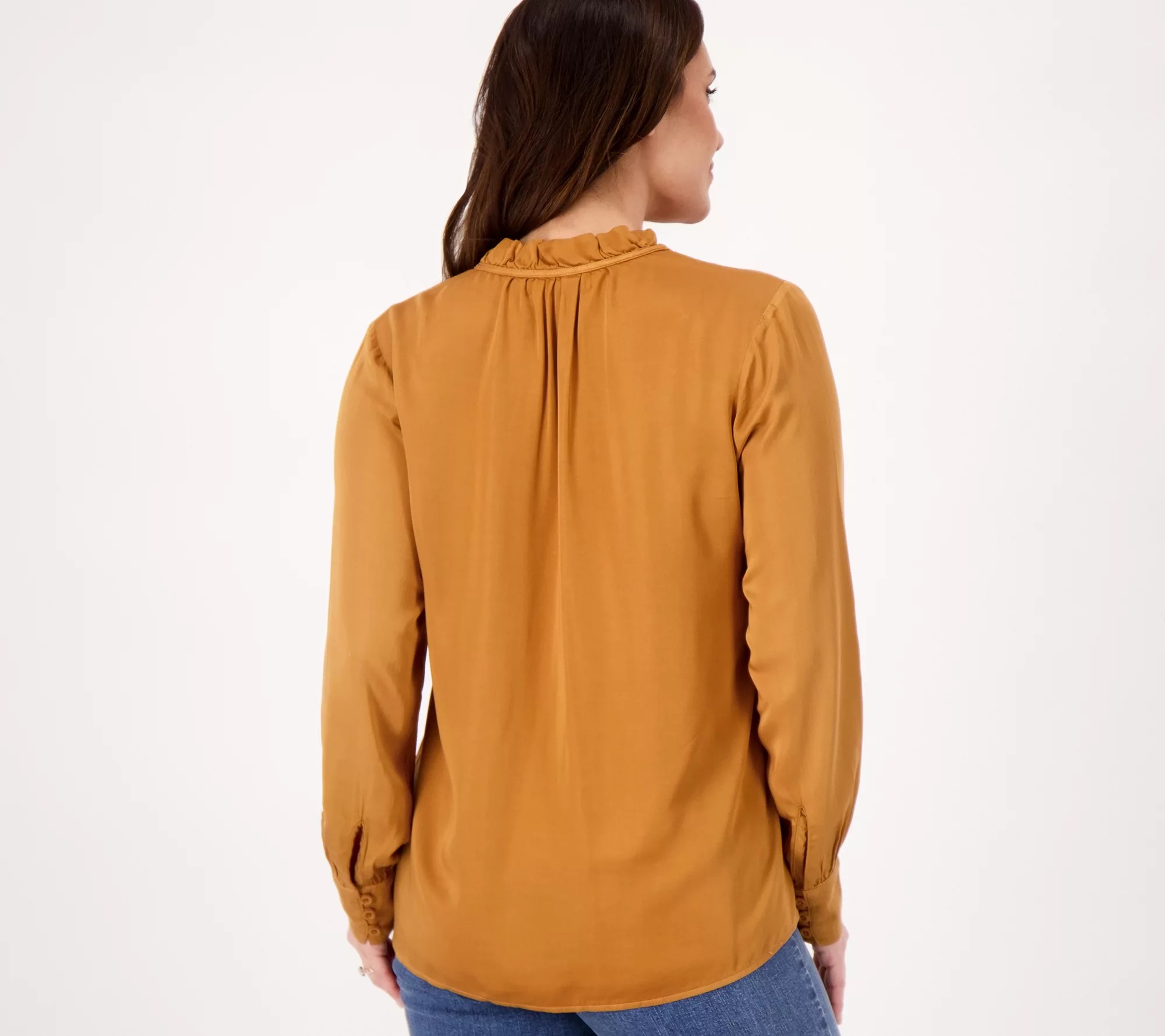 Side Stitch Button Down Top with Ruffle Neck