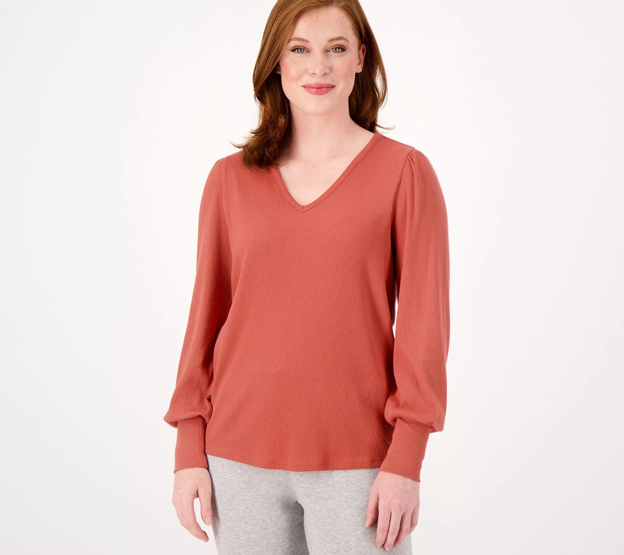 AnyBody Cozy Knit Ribbed Waffle Puff Sleeve Top