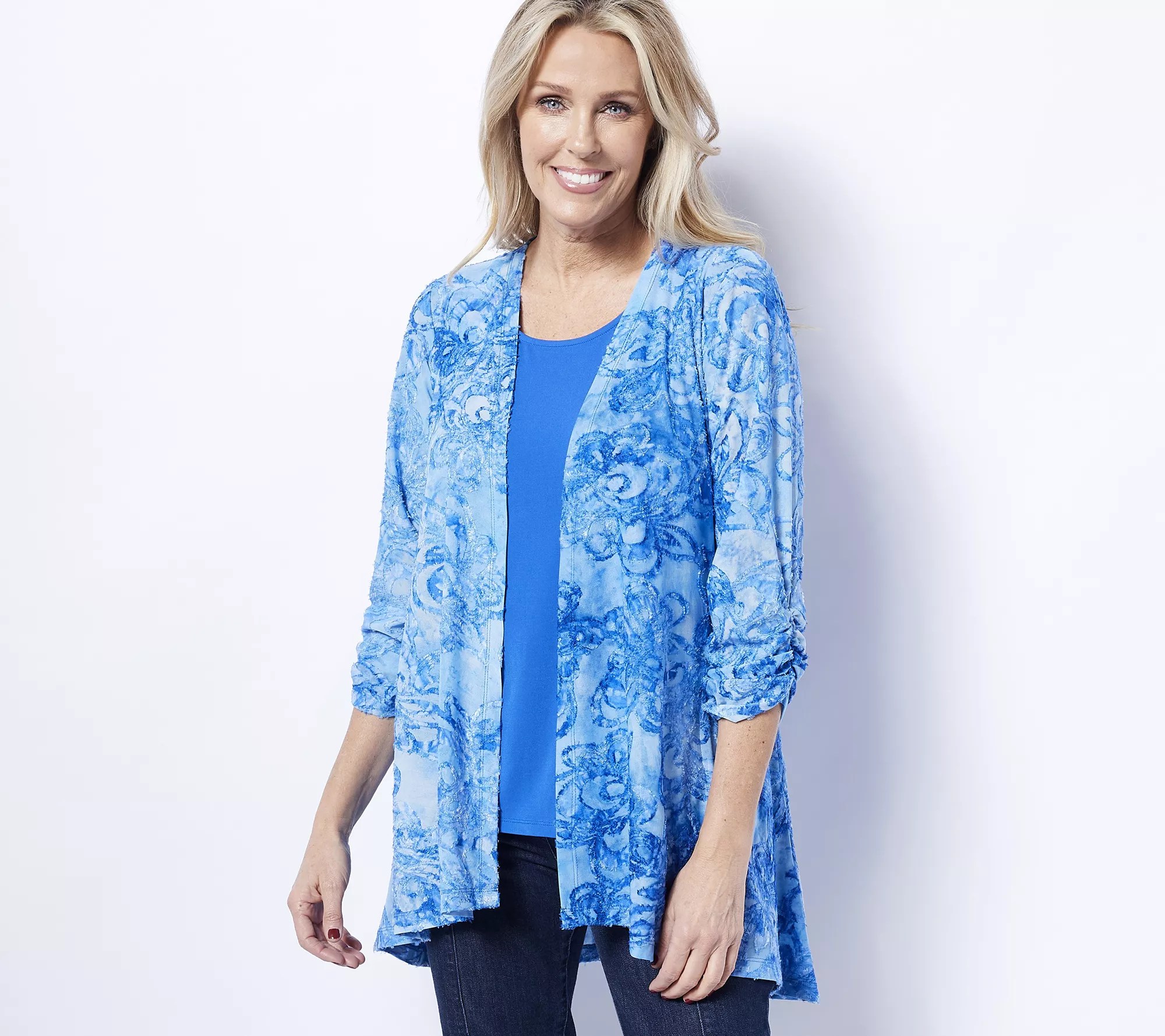 Susan Graver Petite Burnout Knit Cardigan & Liquid Knit Tank Set