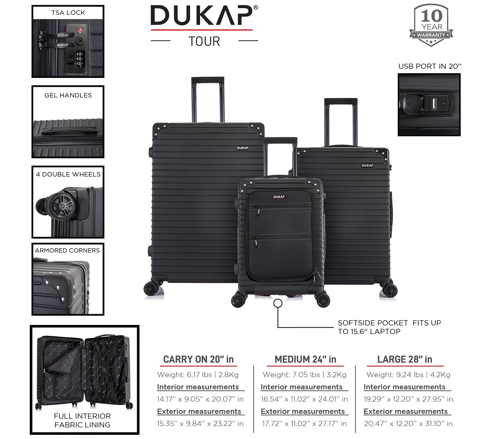 DUKAP Tour 20"/24"/28" 3pc Luggage Set