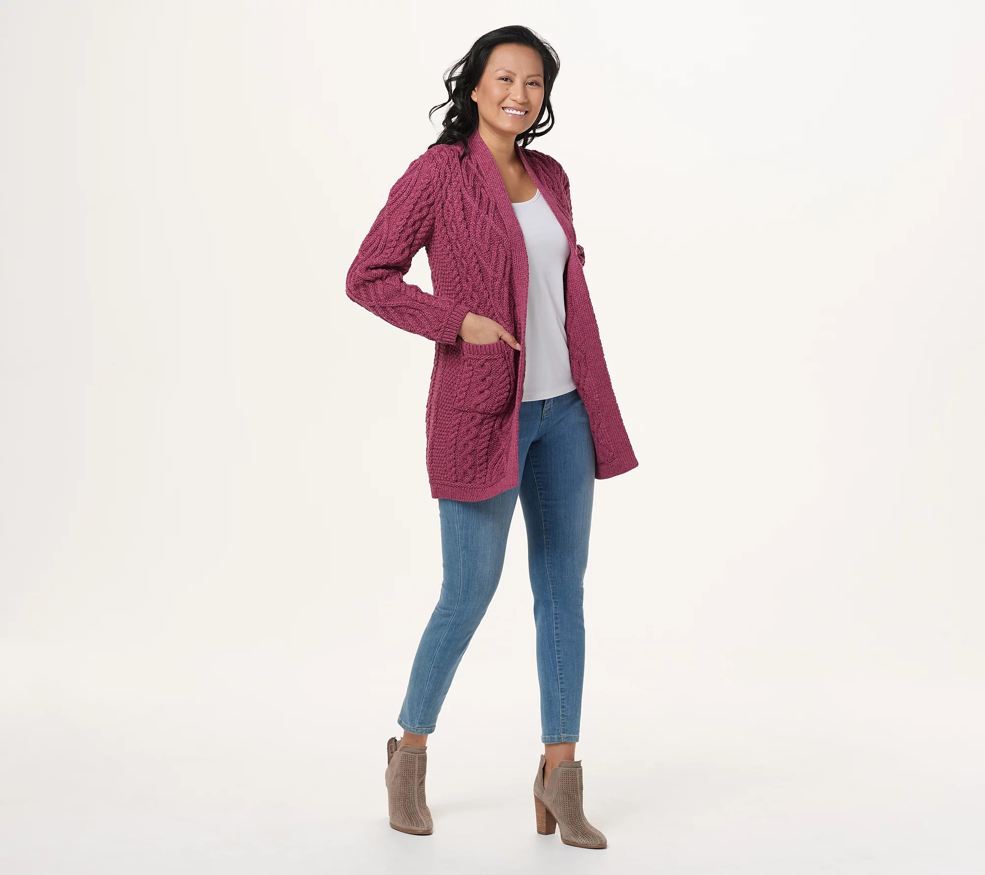 Aran Craft Merino Wool Open Front Long Sweater Cardigan