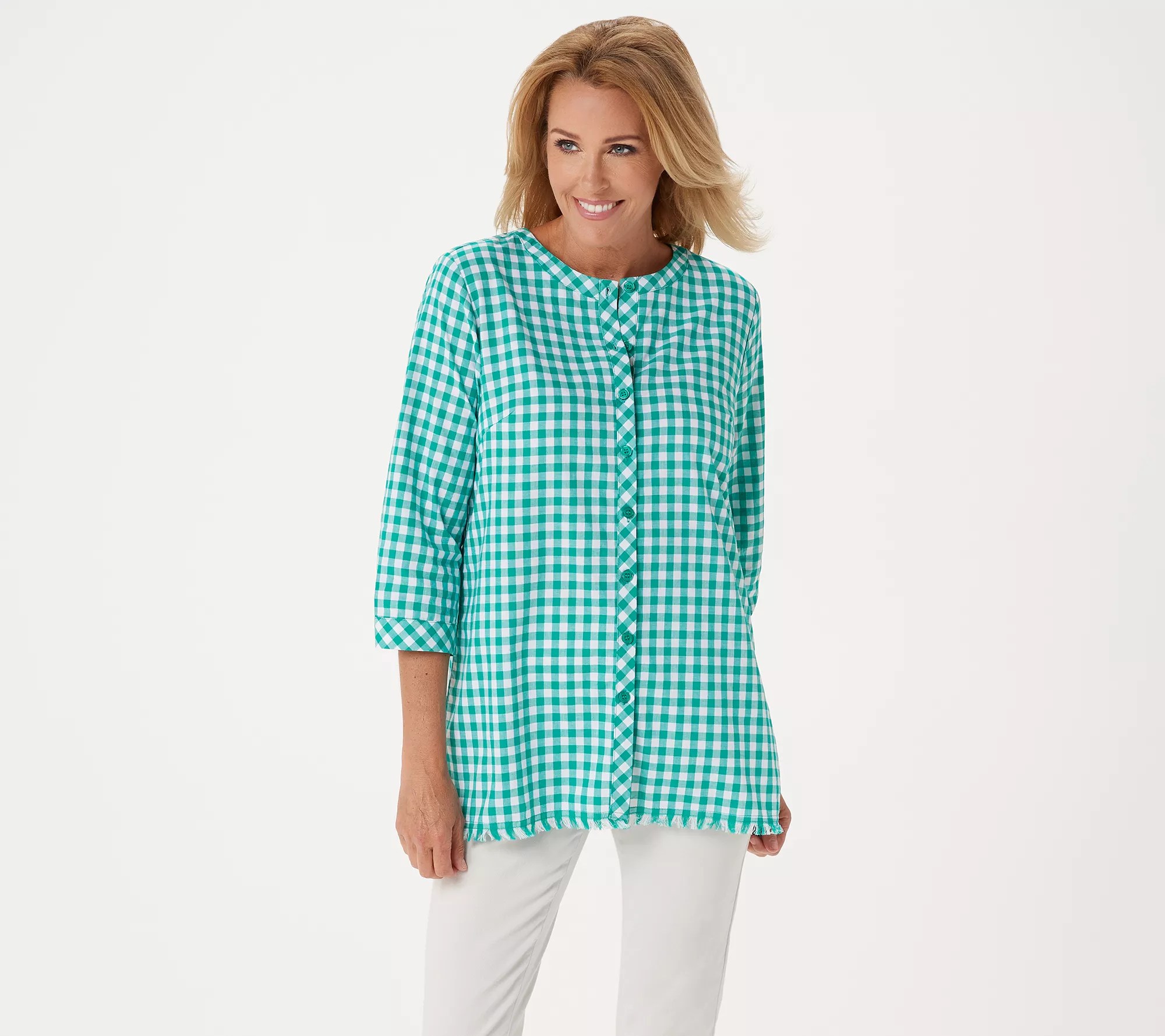 Joan Rivers 3/4Sleeve Gingham Shirt with Fringe Hem