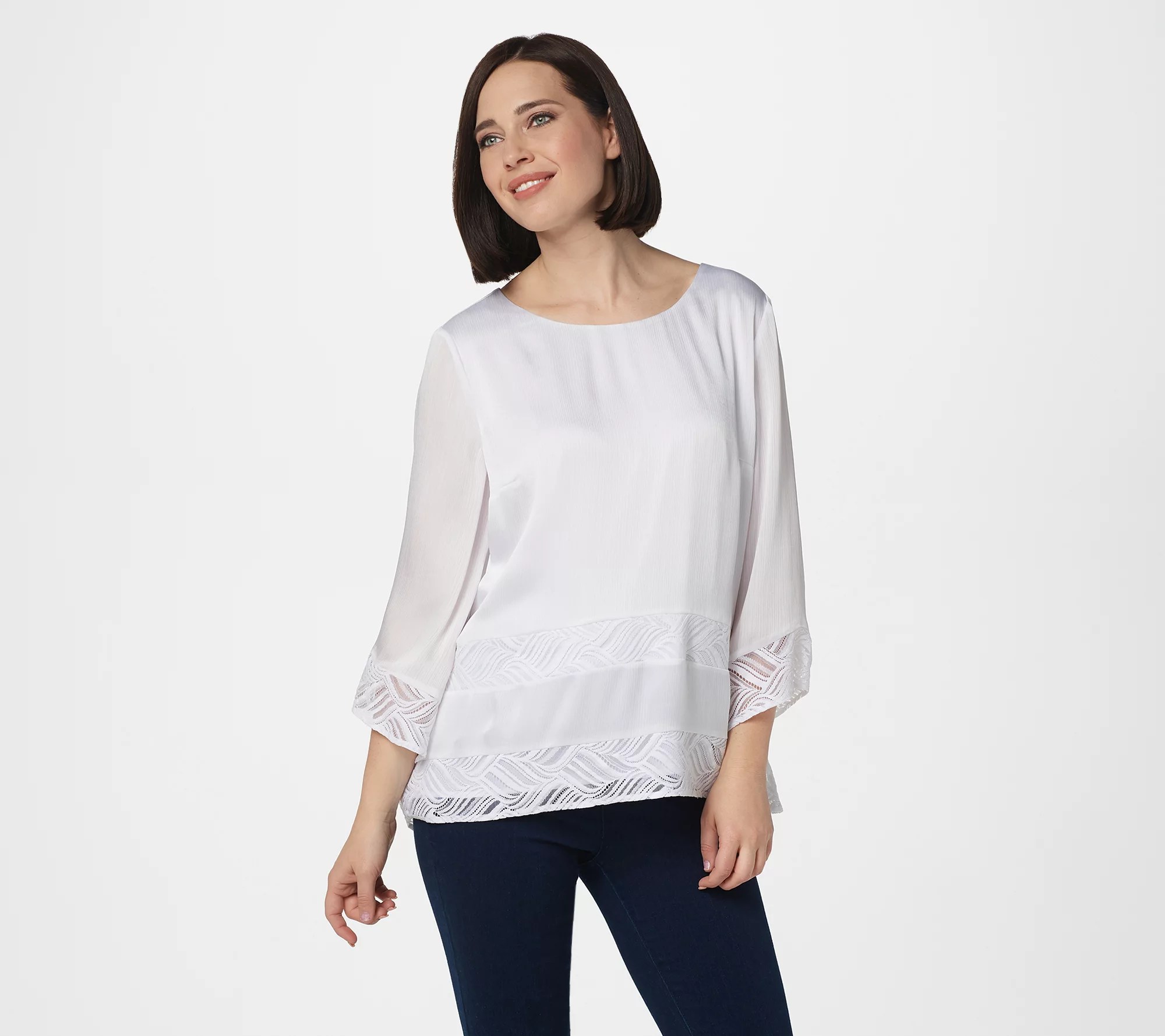 H by Halston ScoopNeck 3/4Sleeve Blouse with Lace Details