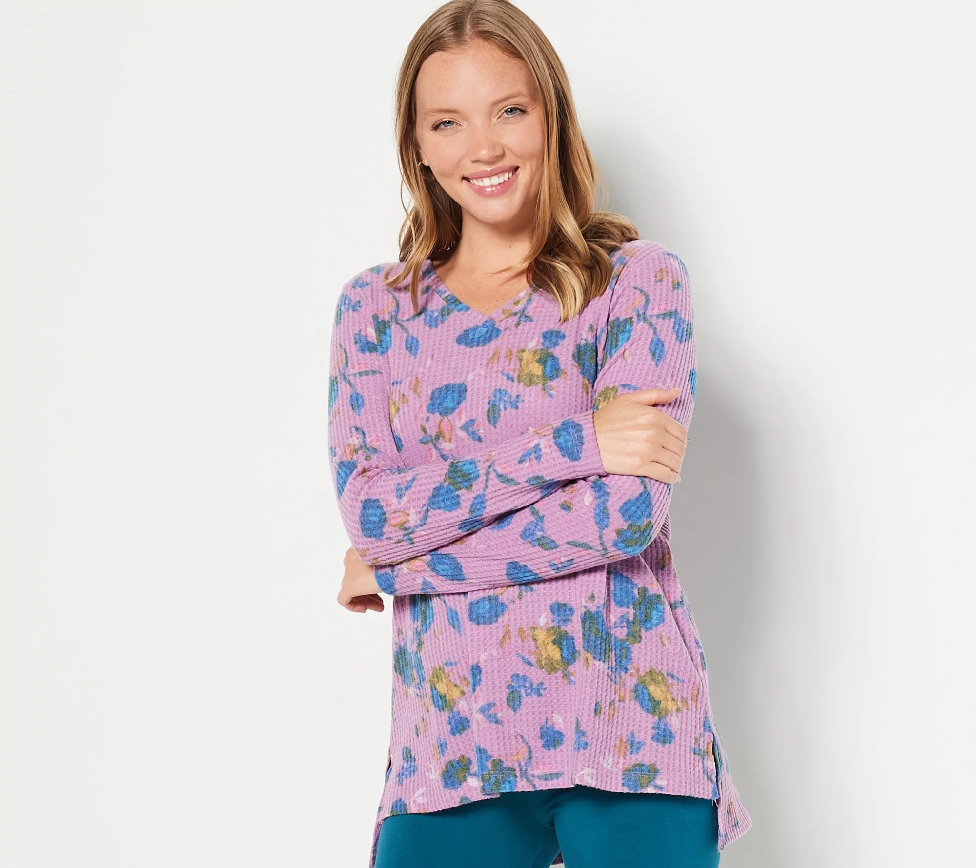 LOGO Lounge by Lori Goldstein Printed VNeck Cloud Waffle Knit Top