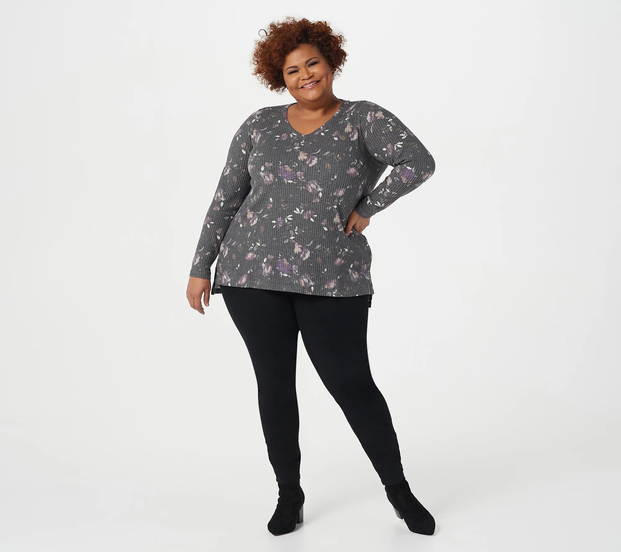 LOGO Lounge by Lori Goldstein Printed VNeck Cloud Waffle Knit Top