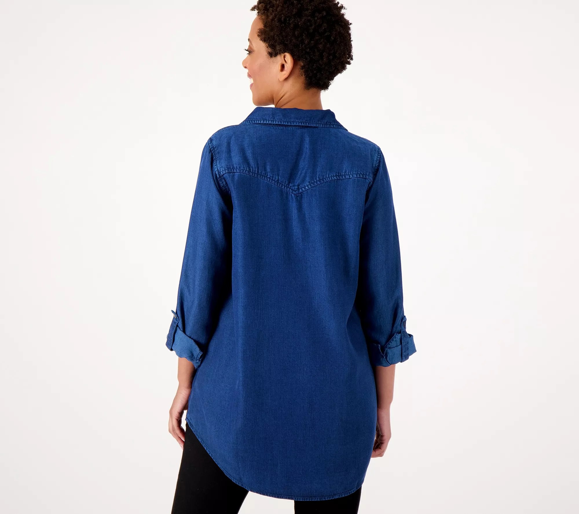Side Stitch Button Front Denim Tunic with RollTab Sleeves