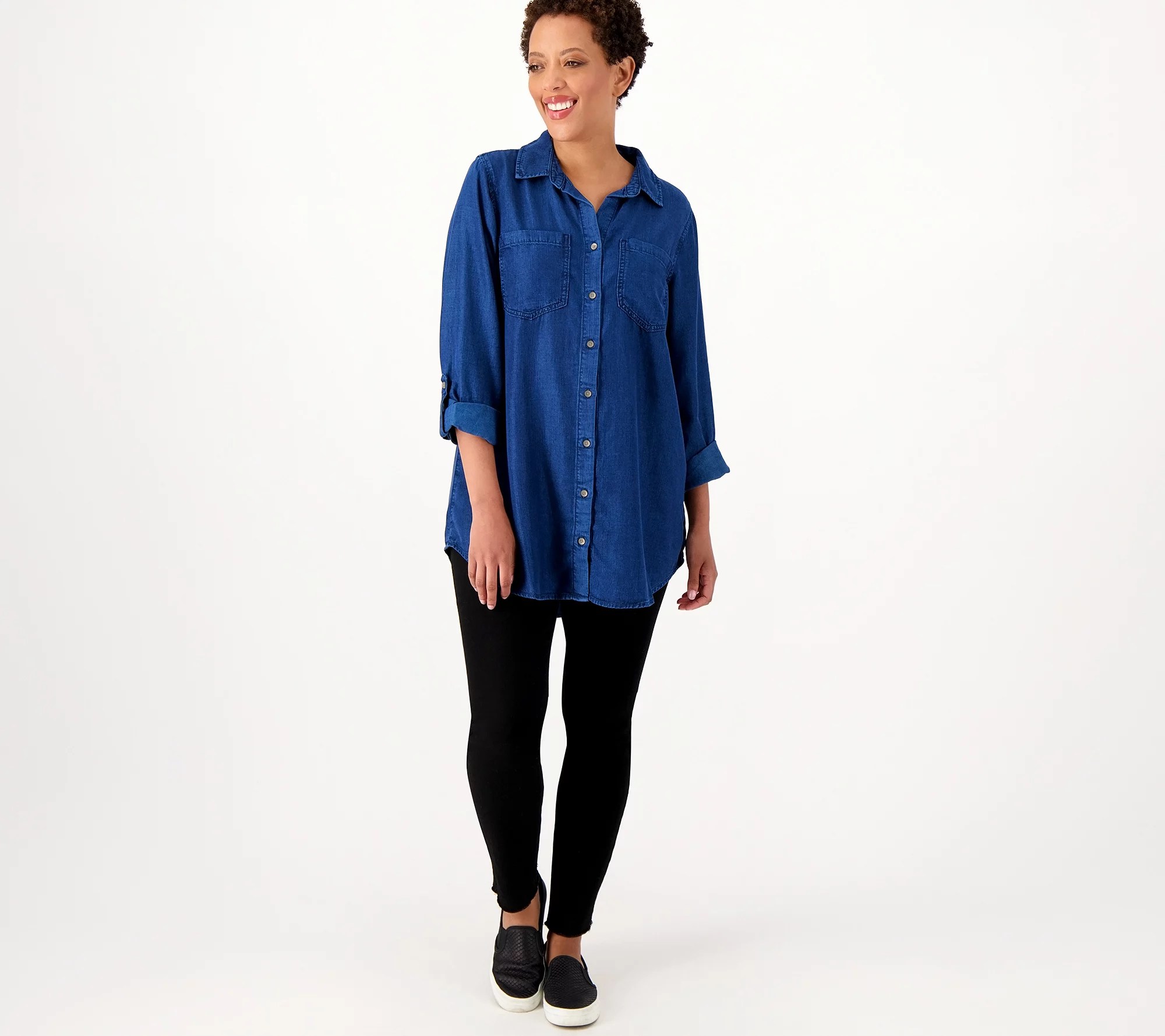Side Stitch Button Front Denim Tunic with RollTab Sleeves